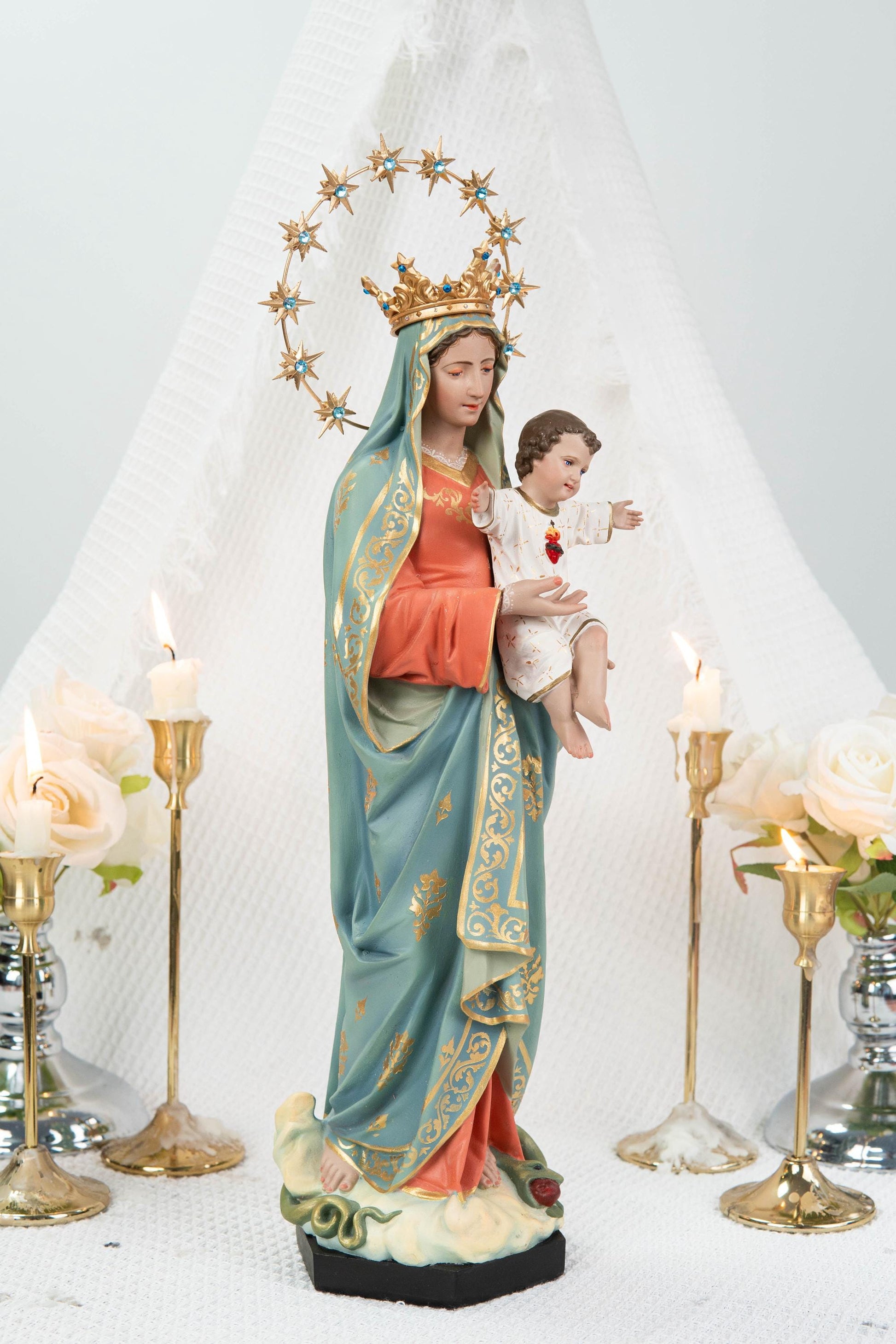 Hand-Painted Virgin Mary with Child Jesus Statue 15.8"–Madonna and Child Figurine, Catholic Home Decor, Catholic Gifts for Women,Mary Statue