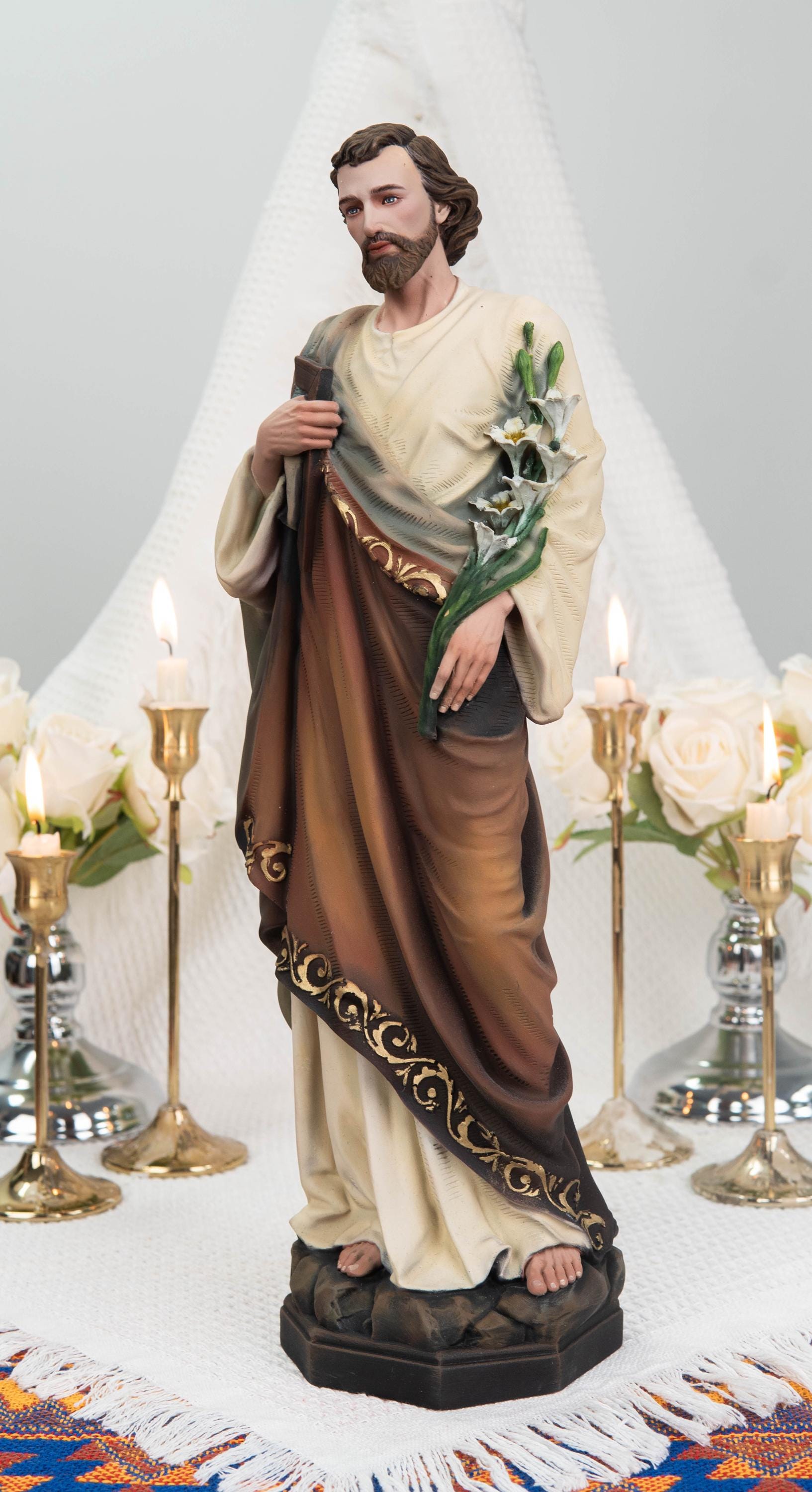 Hand-Painted St. John Apostle Statue 16.5" with Lilies – Catholic Statue with Lilies, Religious Figurine, Catholic Gift, Home Altar Decor