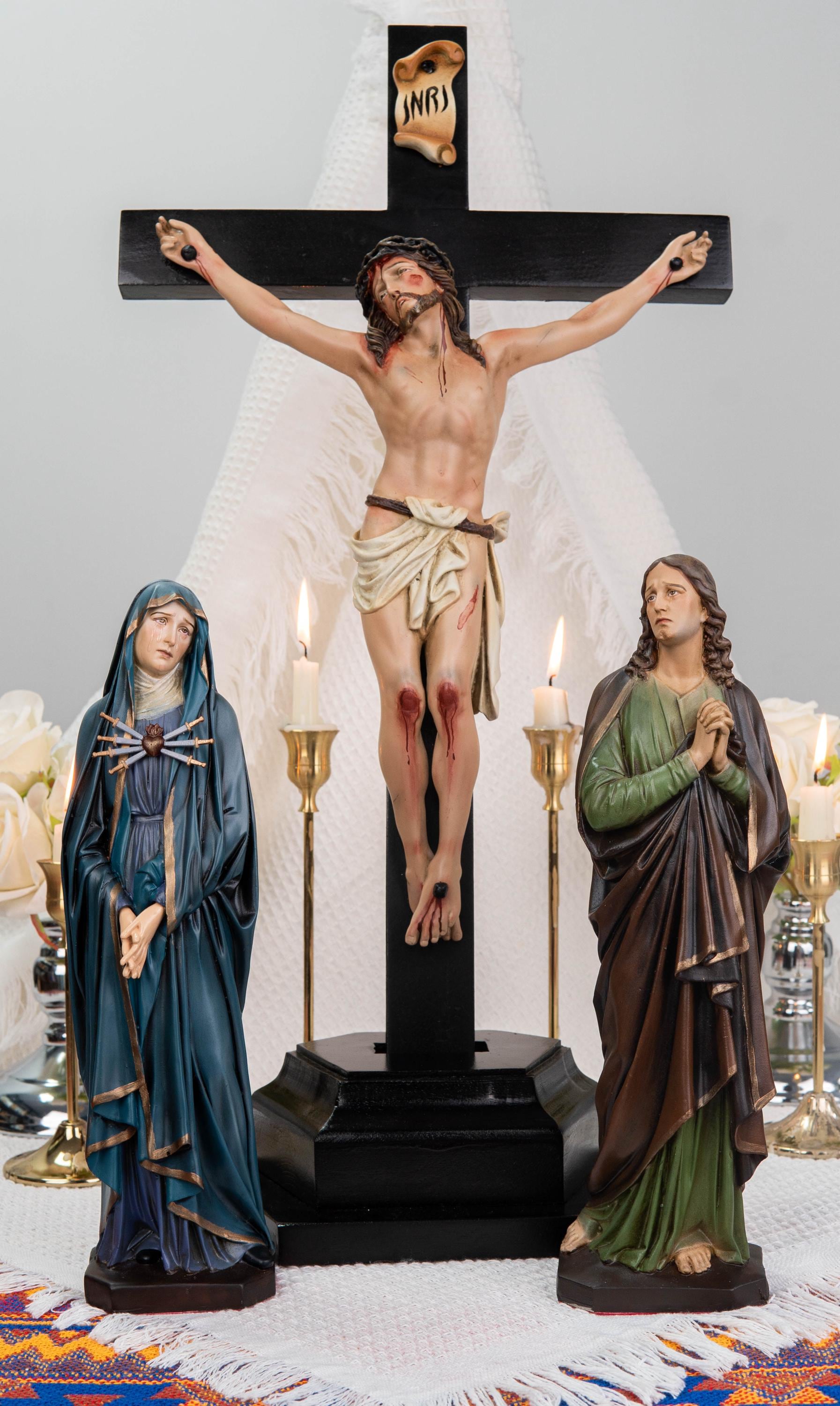Catholic Calvary Statue Set - Jesus on the Cross with Our Lady of Sorrows and Saint John, Hand-Painted Religious Gift, Catholic Decor