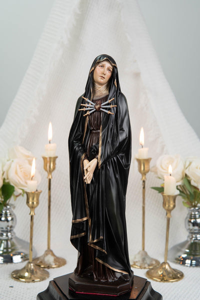 Premium Hand Painted Our Lady of Sorrows Statue with Black Cloak– Mater Dolorosa Figurine with Seven Swords, Virgin Mary Catholic Statue