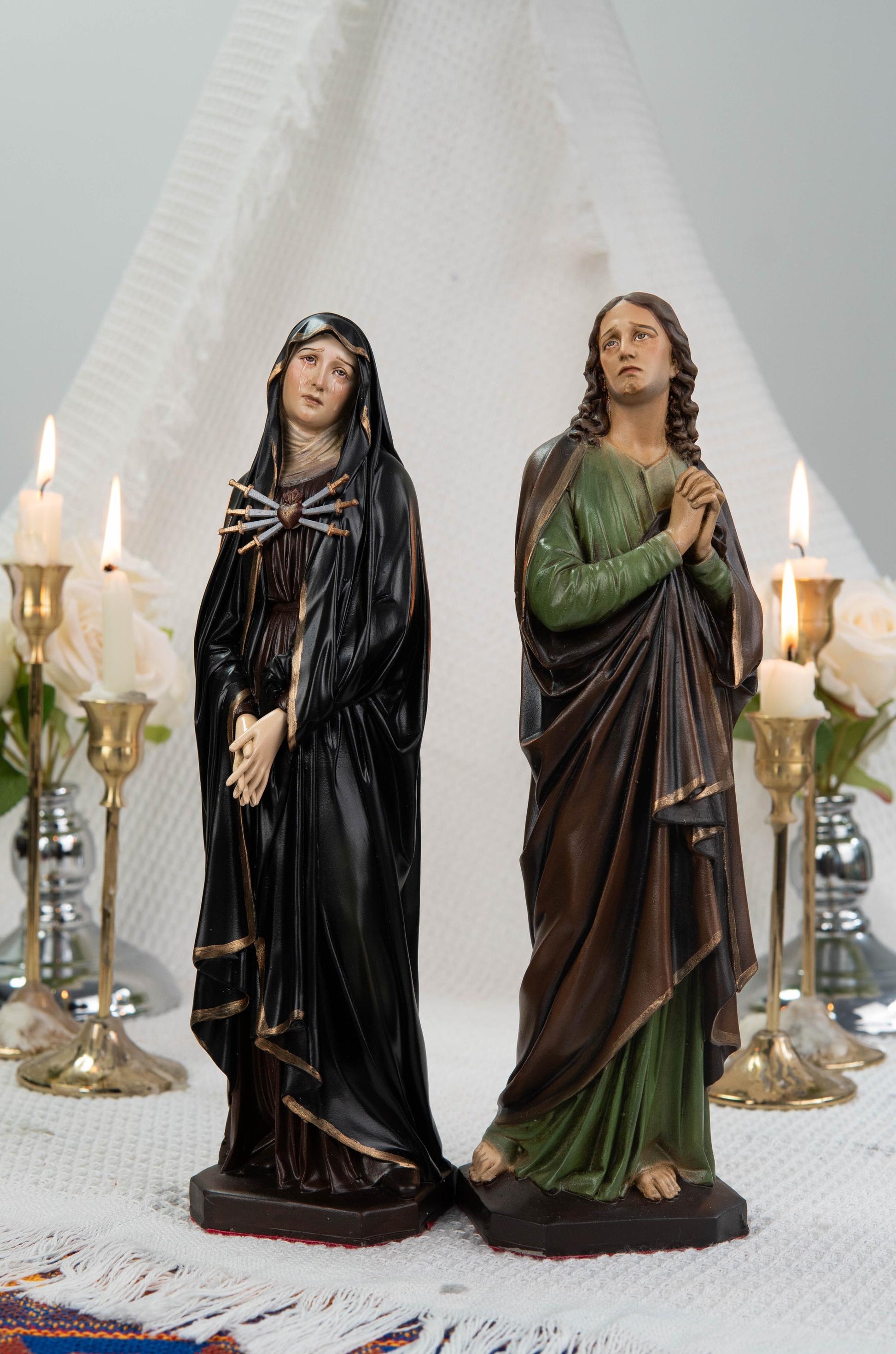 Premium Hand Painted Our Lady of Sorrows Statue with Black Cloak– Mater Dolorosa Figurine with Seven Swords, Virgin Mary Catholic Statue