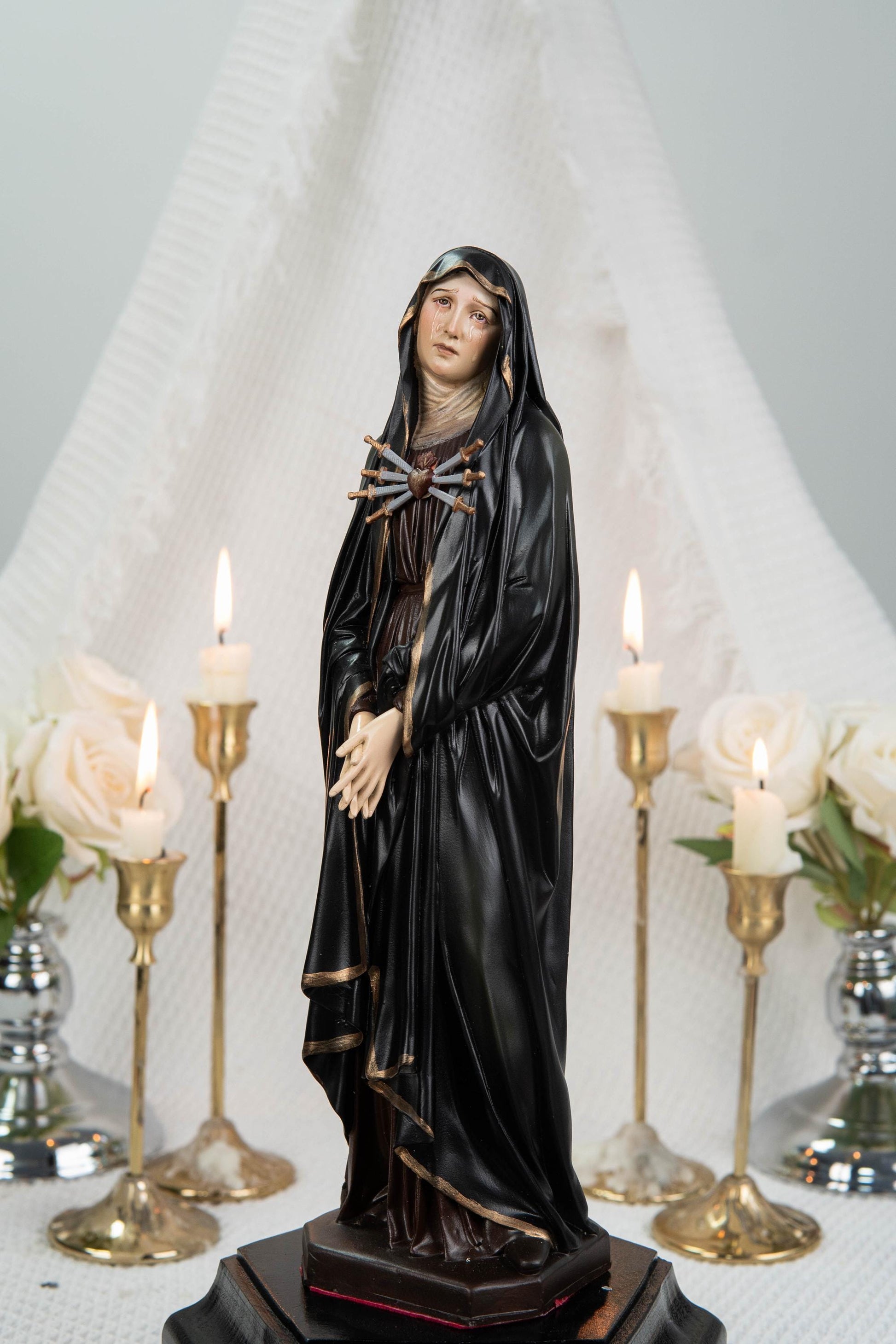 Premium Hand Painted Our Lady of Sorrows Statue with Black Cloak– Mater Dolorosa Figurine with Seven Swords, Virgin Mary Catholic Statue