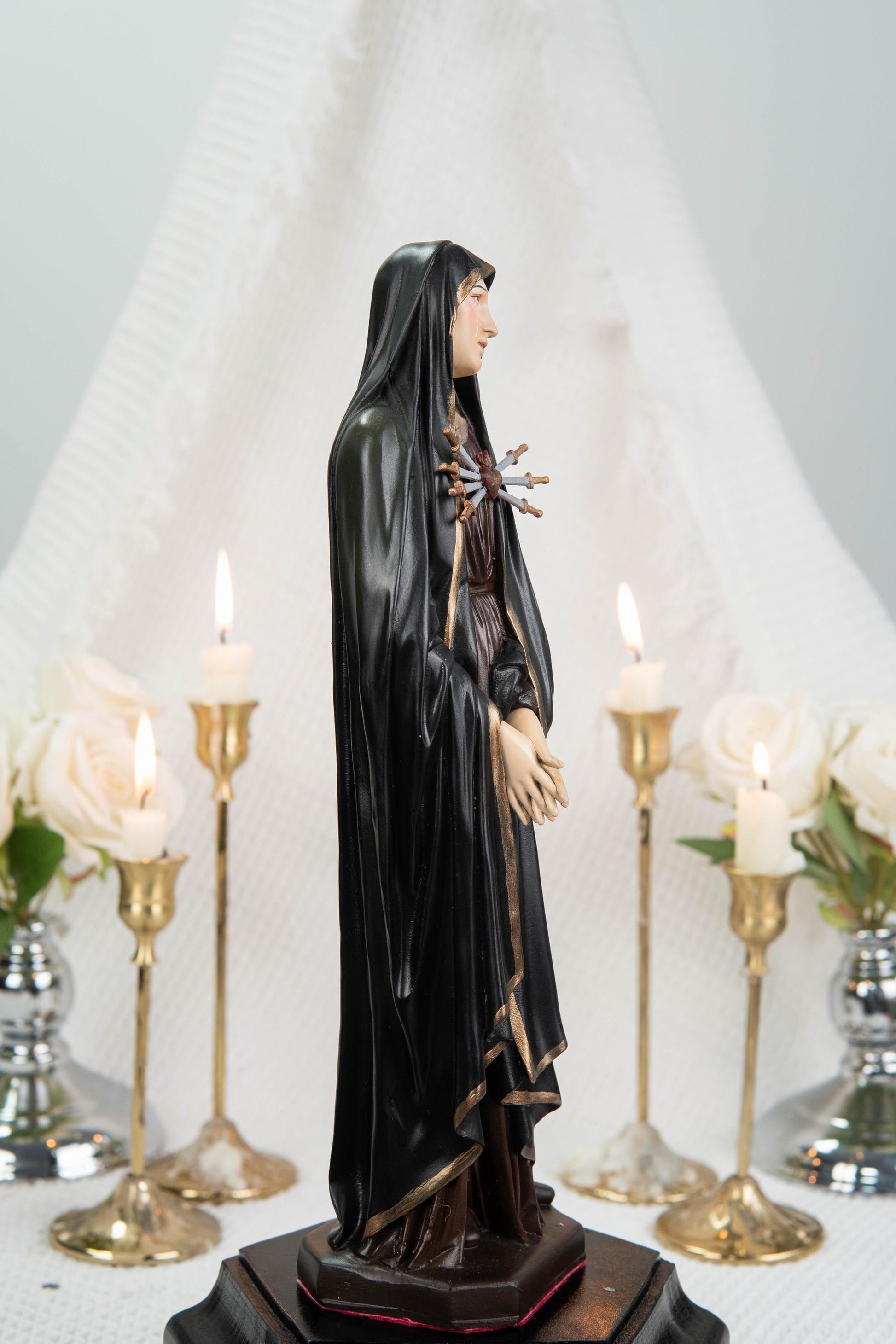 Premium Hand Painted Our Lady of Sorrows Statue with Black Cloak– Mater Dolorosa Figurine with Seven Swords, Virgin Mary Catholic Statue