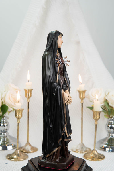 Premium Hand Painted Our Lady of Sorrows Statue with Black Cloak– Mater Dolorosa Figurine with Seven Swords, Virgin Mary Catholic Statue