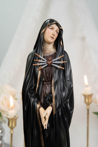 Premium Hand Painted Our Lady of Sorrows Statue with Black Cloak– Mater Dolorosa Figurine with Seven Swords, Virgin Mary Catholic Statue