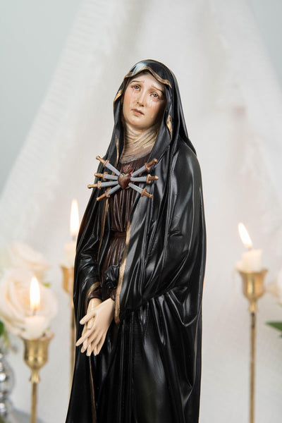 Premium Hand Painted Our Lady of Sorrows Statue with Black Cloak– Mater Dolorosa Figurine with Seven Swords, Virgin Mary Catholic Statue