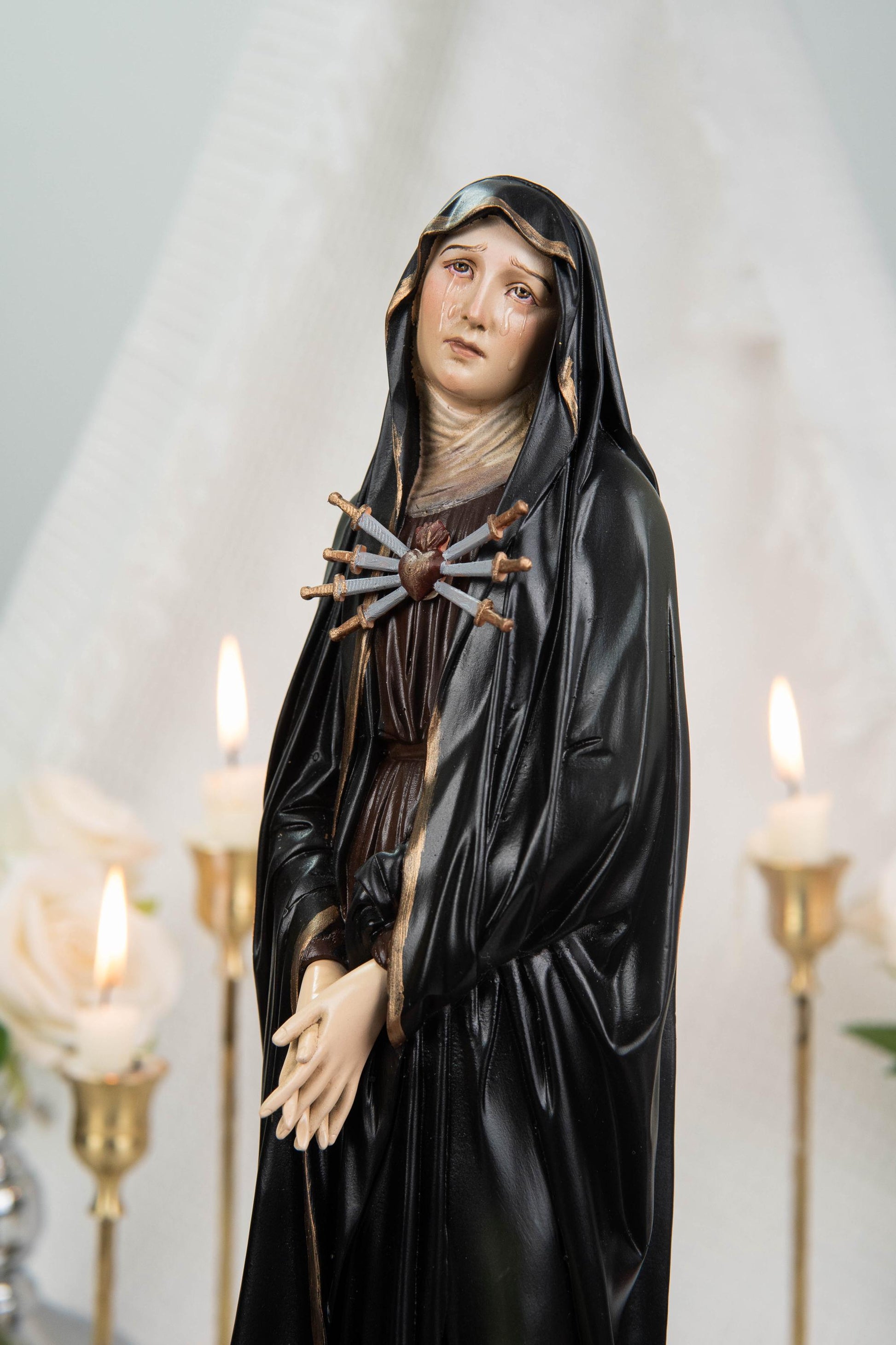 Premium Hand Painted Our Lady of Sorrows Statue with Black Cloak– Mater Dolorosa Figurine with Seven Swords, Virgin Mary Catholic Statue