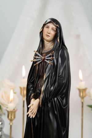 Premium Hand Painted Our Lady of Sorrows Statue with Black Cloak– Mater Dolorosa Figurine with Seven Swords, Virgin Mary Catholic Statue