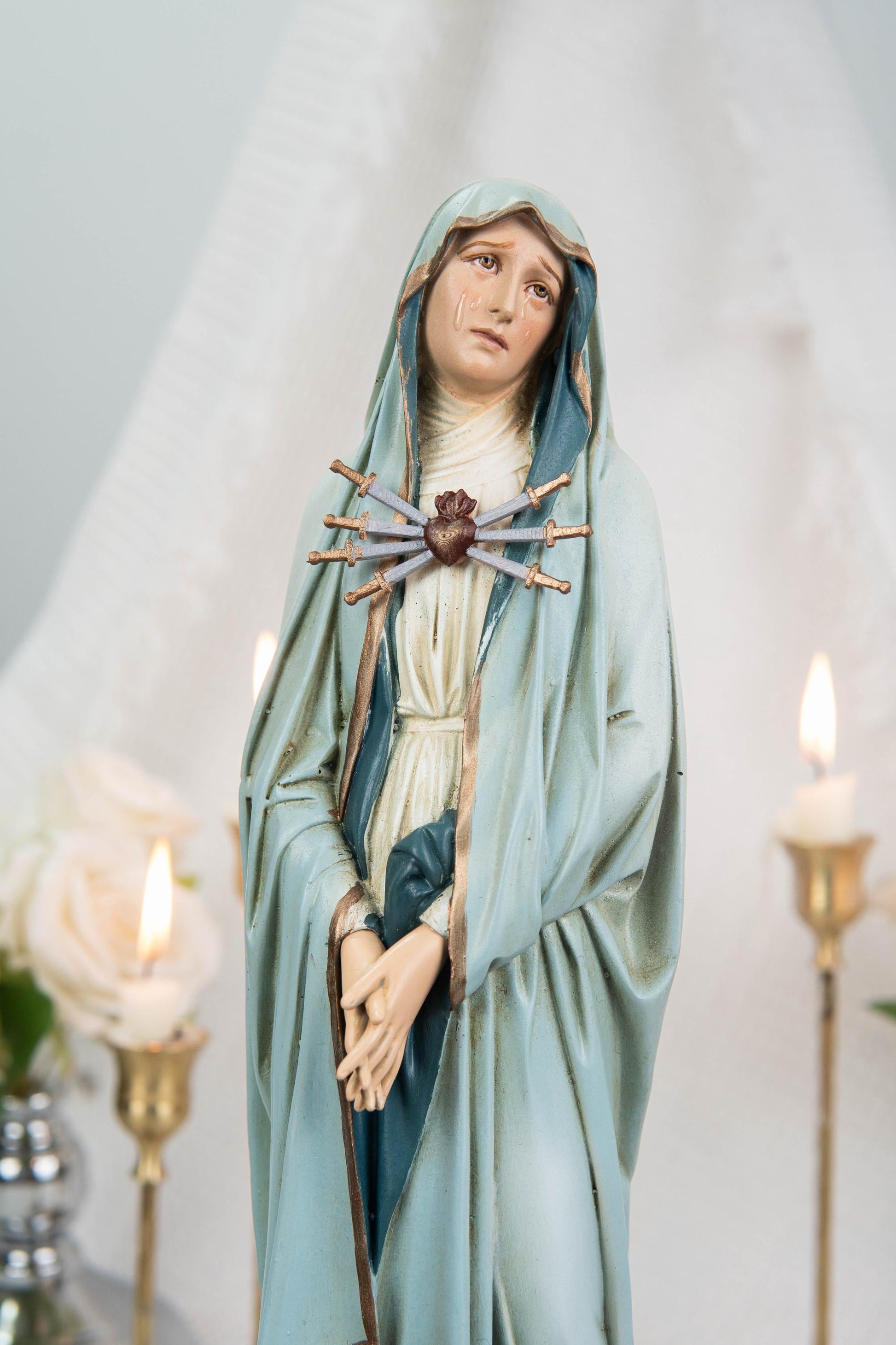 Premium Hand Painted Our Lady of Sorrows Statue with Light Blue Cloak – Catholic Statue for Home Altar, Mater Dolorosa Virgin Mary Figurine