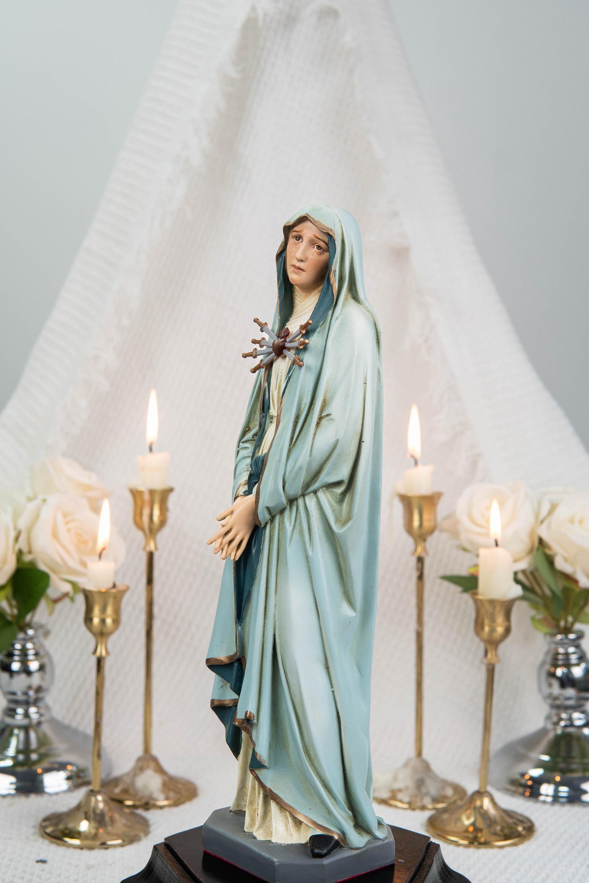 Premium Hand Painted Our Lady of Sorrows Statue with Light Blue Cloak – Catholic Statue for Home Altar, Mater Dolorosa Virgin Mary Figurine