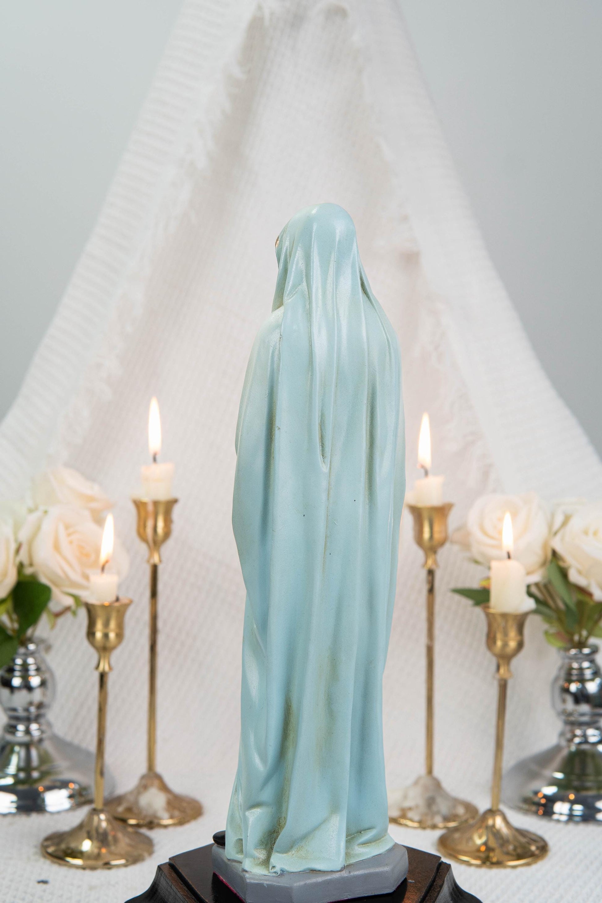 Premium Hand Painted Our Lady of Sorrows Statue with Light Blue Cloak – Catholic Statue for Home Altar, Mater Dolorosa Virgin Mary Figurine