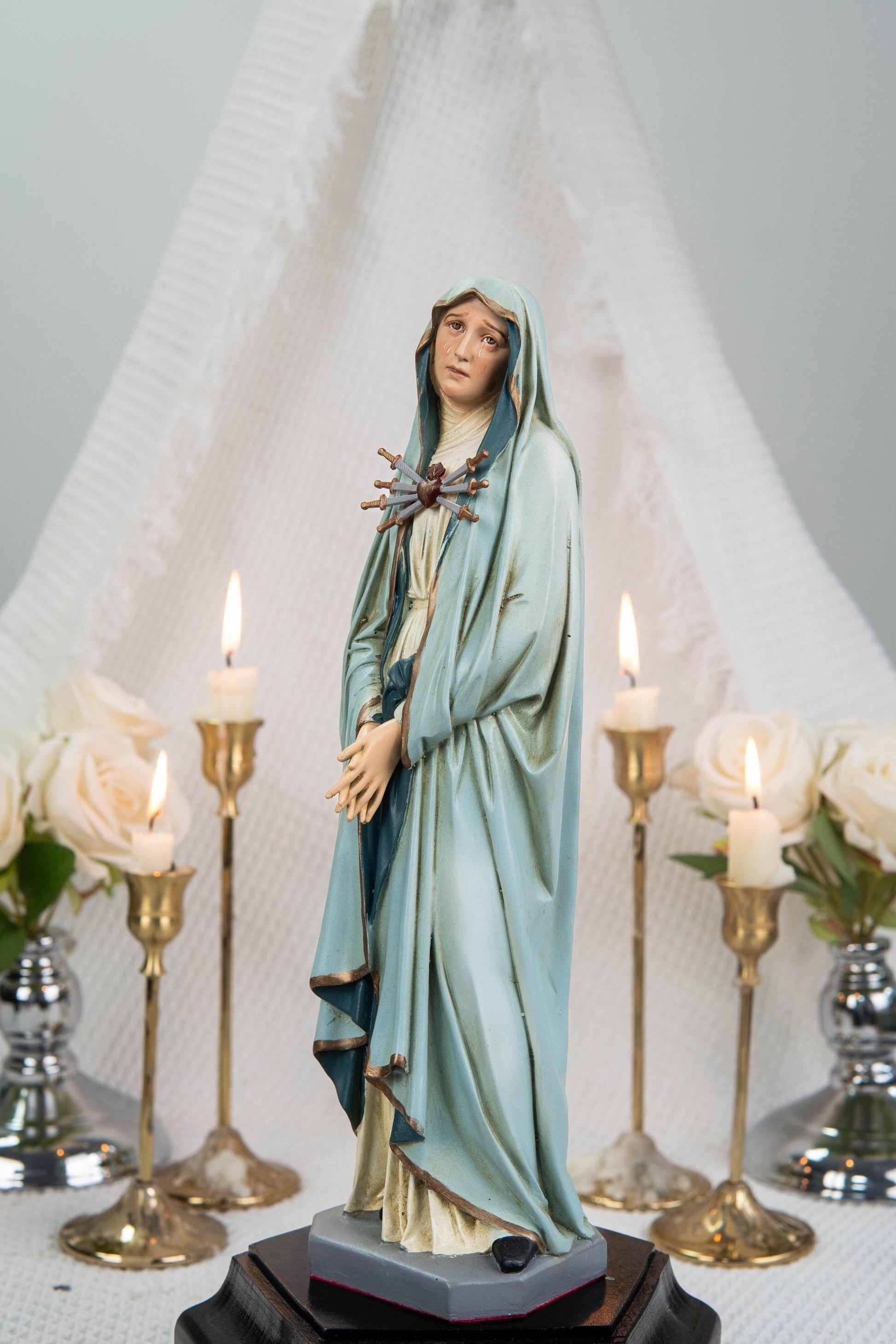 Premium Hand Painted Our Lady of Sorrows Statue with Light Blue Cloak – Catholic Statue for Home Altar, Mater Dolorosa Virgin Mary Figurine