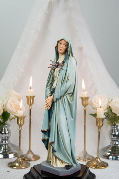 Premium Hand Painted Our Lady of Sorrows Statue with Light Blue Cloak – Catholic Statue for Home Altar, Mater Dolorosa Virgin Mary Figurine