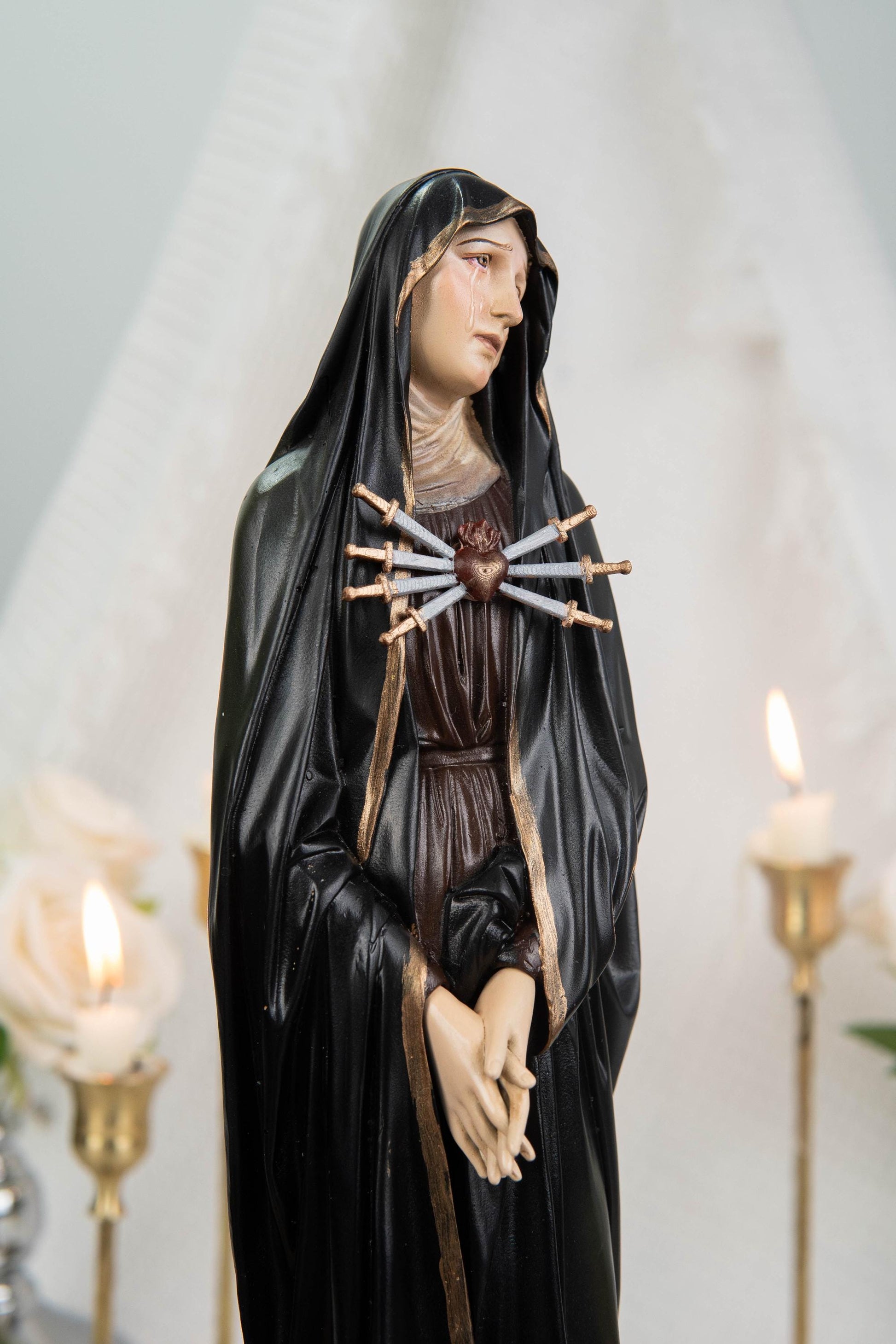 Catholic Statue Set Premium Hand-Painted: St John Apostle & Mater Dolorosa with Seven Swords, Catholic Statue Pair, Home Altar Decor