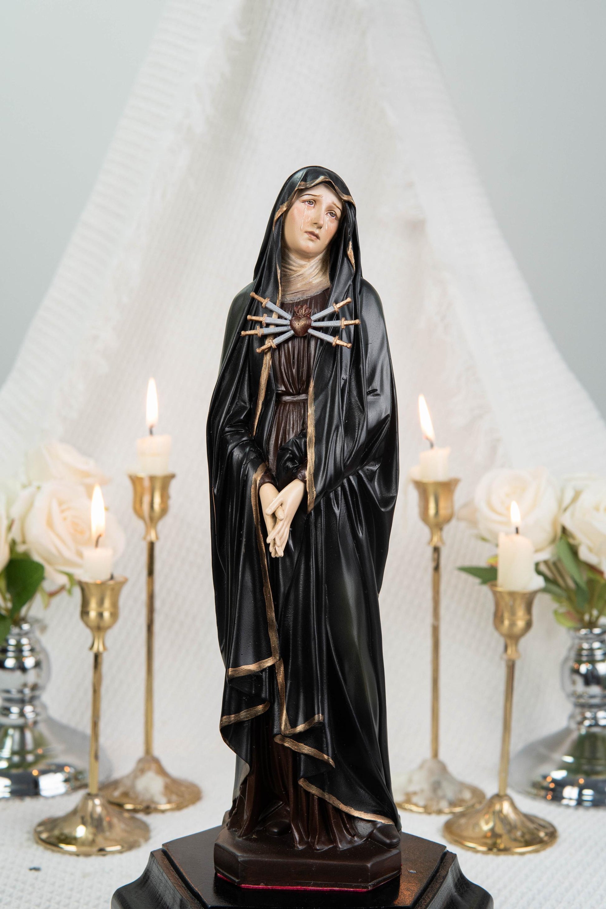 Catholic Statue Set Premium Hand-Painted: St John Apostle & Mater Dolorosa with Seven Swords, Catholic Statue Pair, Home Altar Decor