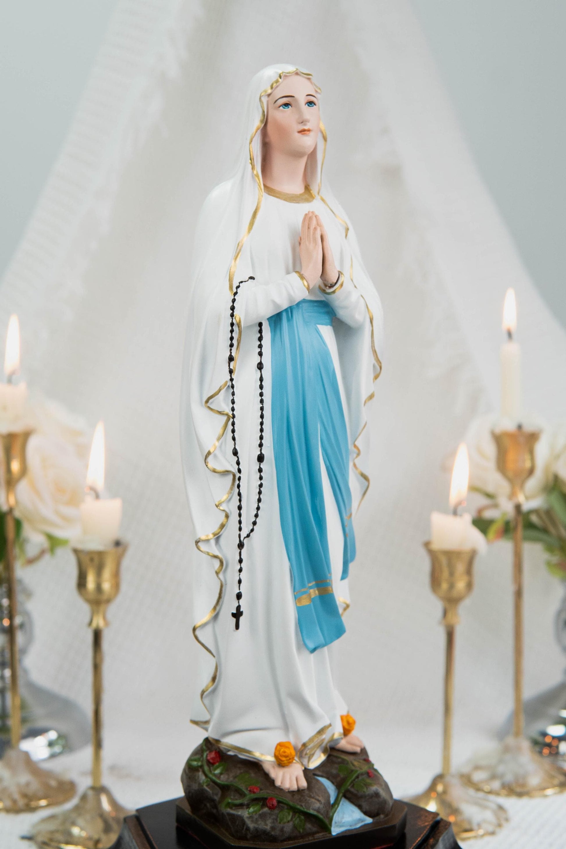 Our Lady of Lourdes Statue 11.8" - Virgin Mary Figurine with Rosary, Catholic Prayer Statue, Catholic Gift for Women, Home Decor