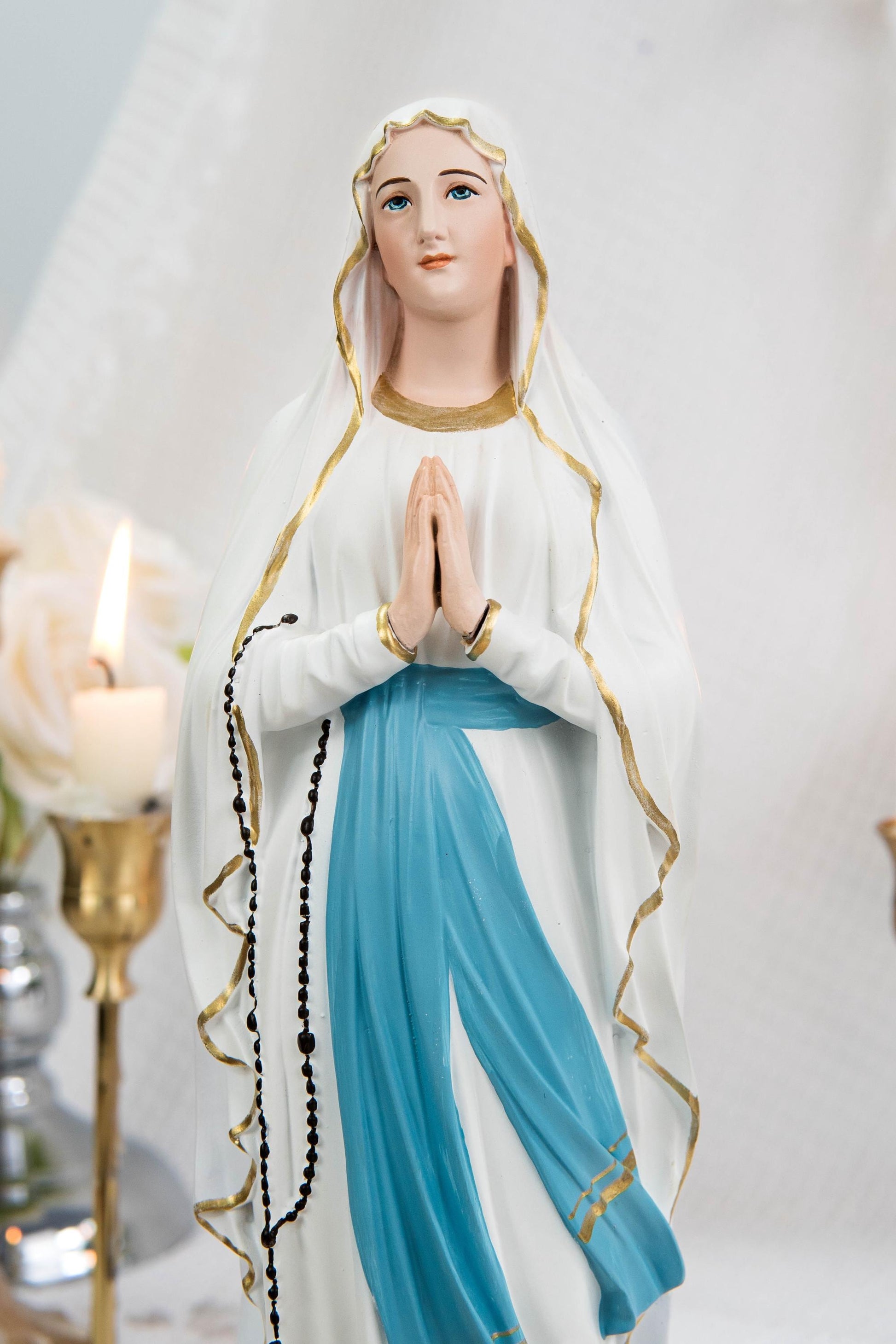 Our Lady of Lourdes Statue 11.8" - Virgin Mary Figurine with Rosary, Catholic Prayer Statue, Catholic Gift for Women, Home Decor