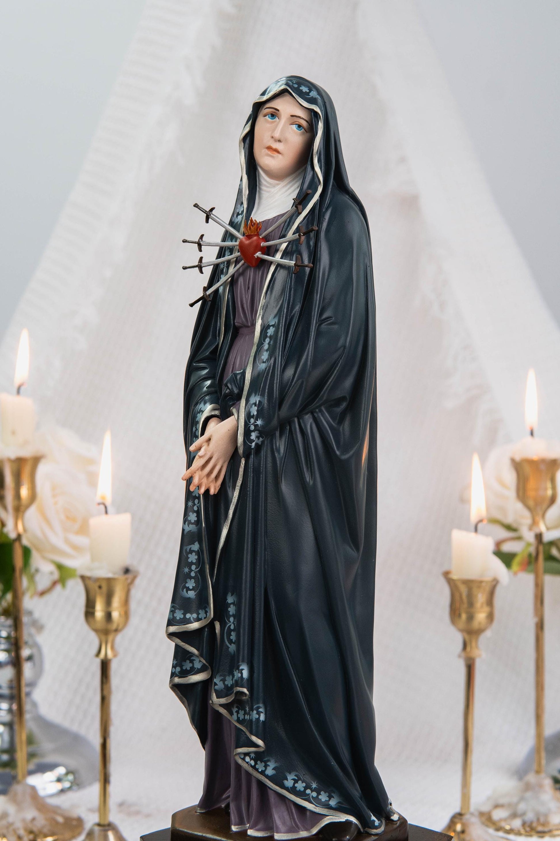 Special Edition Our Lady of Seven Sorrows Statue - Navy Blue Virgin Mary Figurine, Catholic Religious Decor, Meaningful Catholic Gift