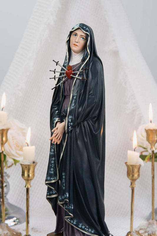 Special Edition Our Lady of Seven Sorrows Statue - Navy Blue Virgin Mary Figurine, Catholic Religious Decor, Meaningful Catholic Gift
