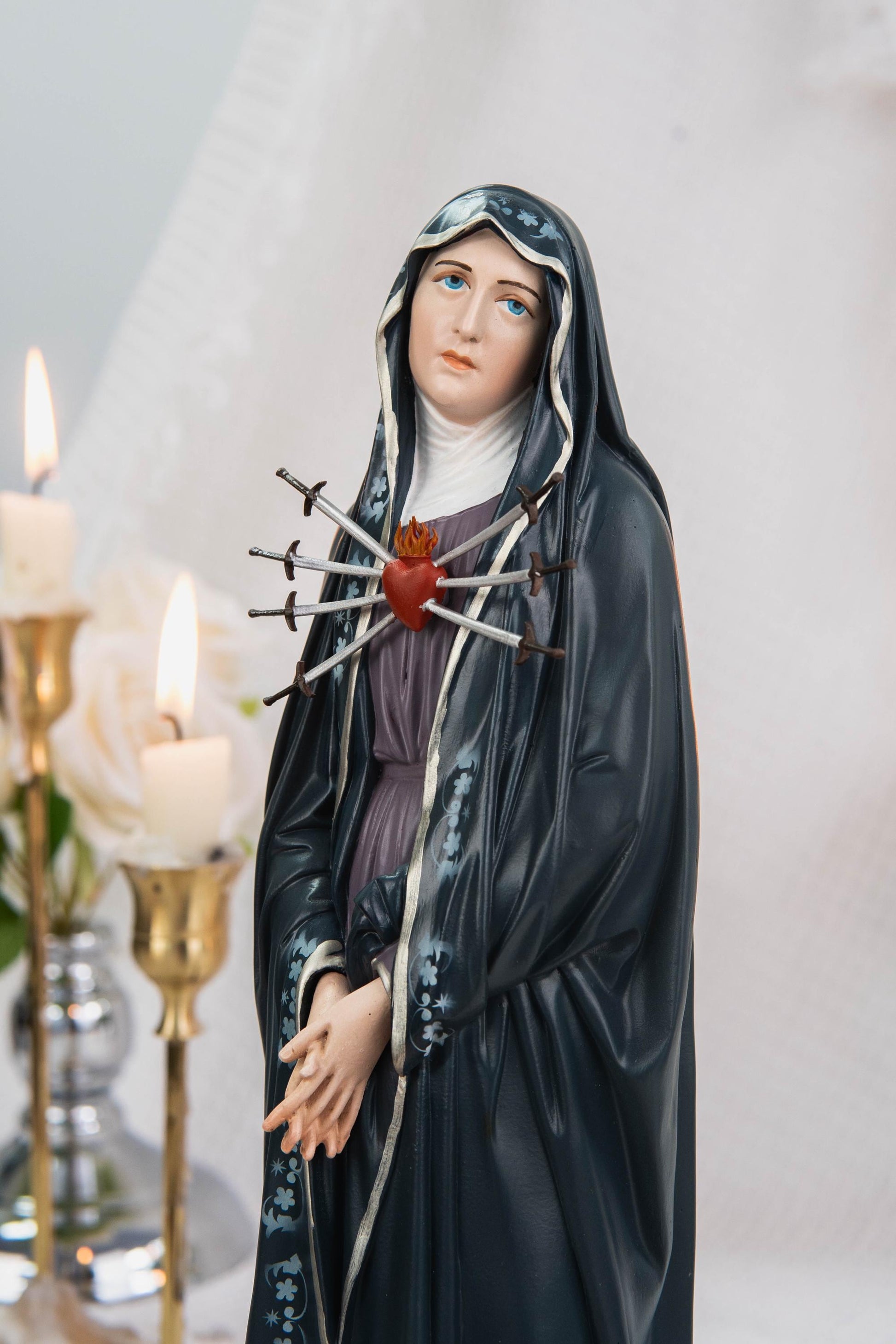 Special Edition Our Lady of Seven Sorrows Statue - Navy Blue Virgin Mary Figurine, Catholic Religious Decor, Meaningful Catholic Gift