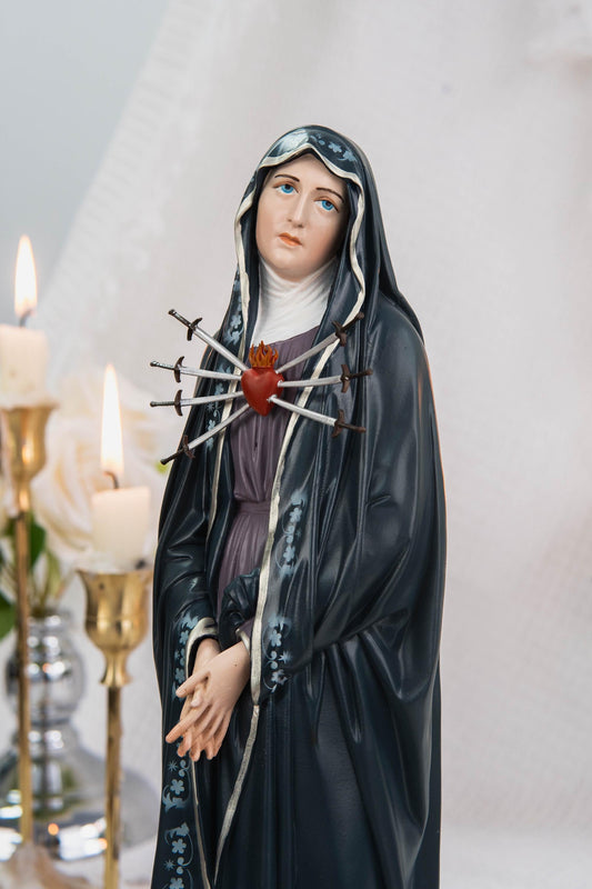 Special Edition Our Lady of Seven Sorrows Statue - Navy Blue Virgin Mary Figurine, Catholic Religious Decor, Meaningful Catholic Gift