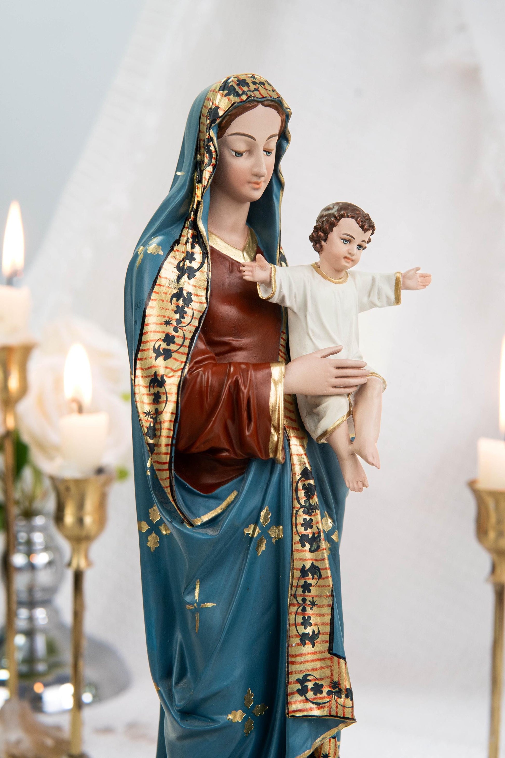 Hand-Painted Madonna and Child Statue 11.8" - Virgin Mary Holding Child Jesus Statue, Virgin Mary with Baby Jesus, Catholic Gifts for Women