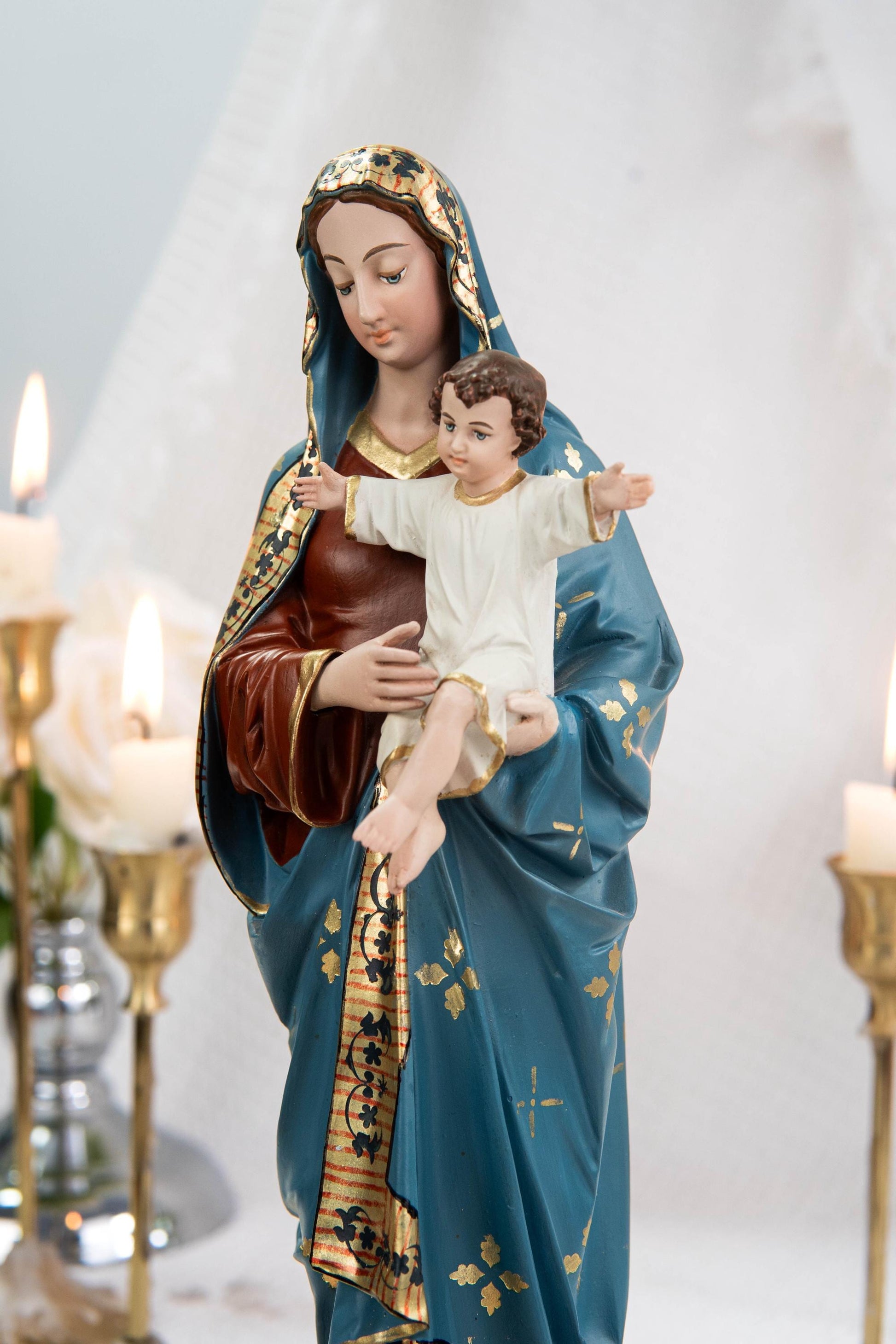 Hand-Painted Madonna and Child Statue 11.8" - Virgin Mary Holding Child Jesus Statue, Virgin Mary with Baby Jesus, Catholic Gifts for Women