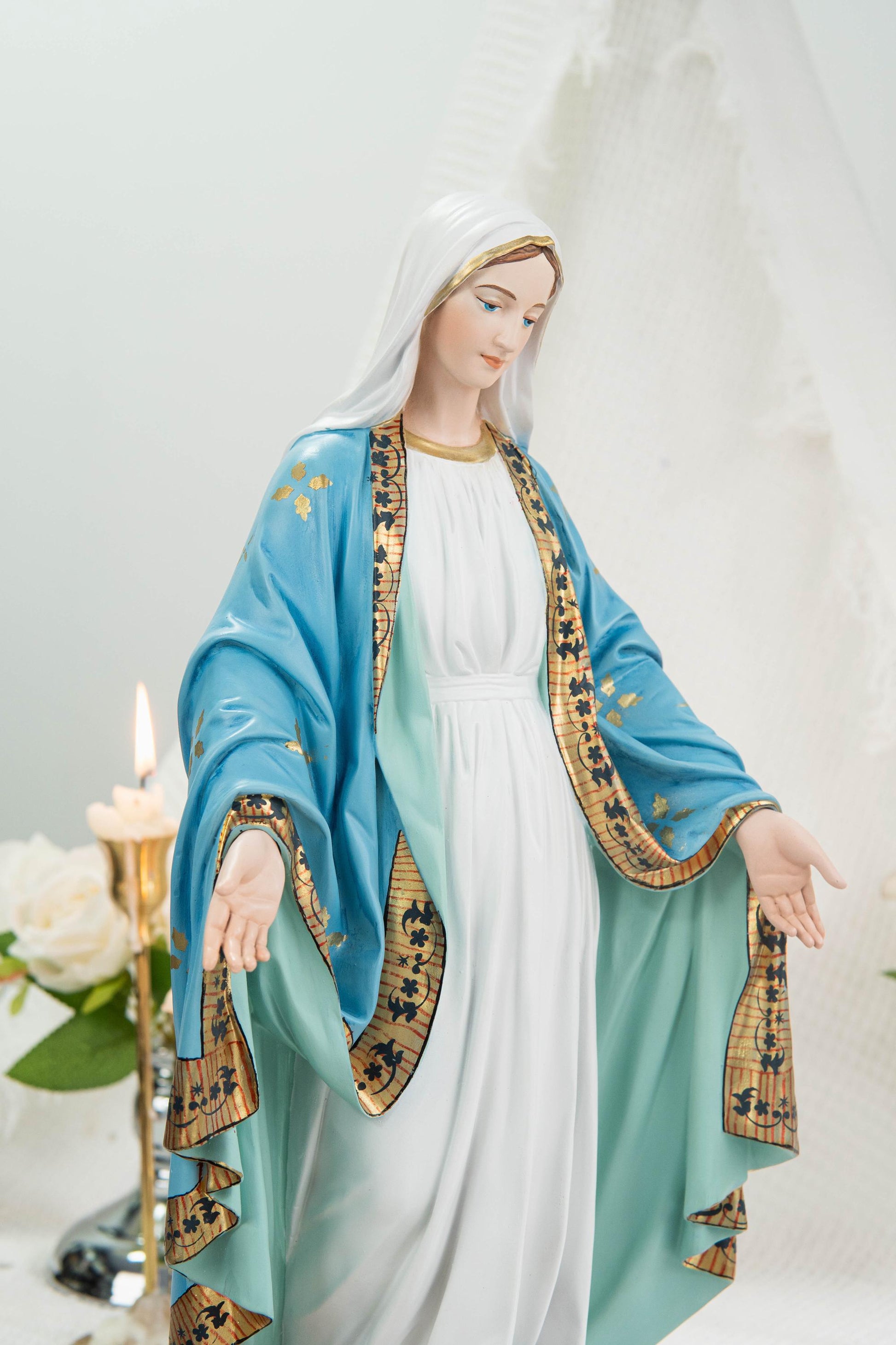 Hand-Painted Our Lady of Grace Statue 15.8" – Elegant Blue White Catholic Figurine, Mother Mary Decor, Catholic Gift's Mom,Home Altar Statue