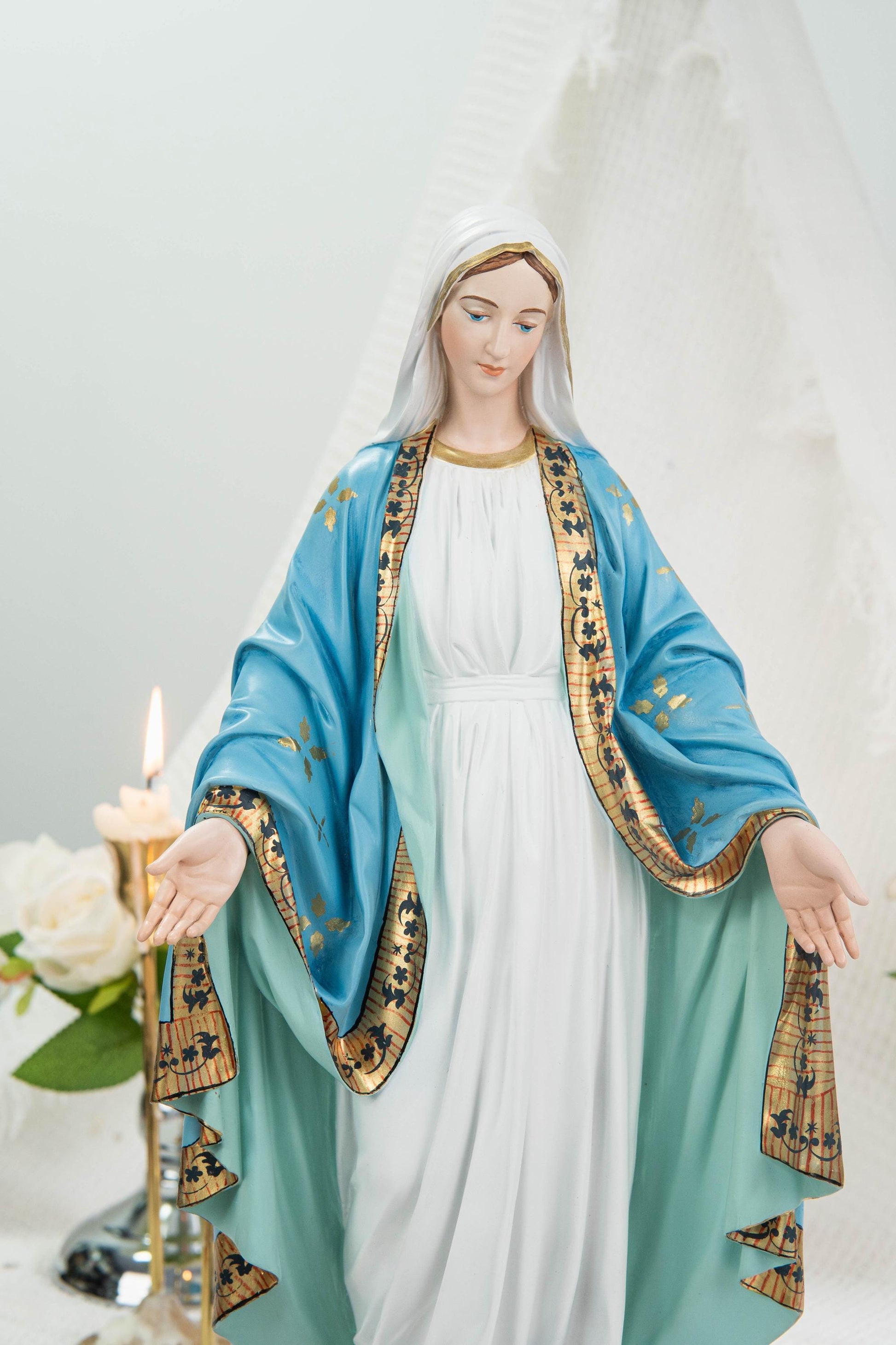Hand-Painted Our Lady of Grace Statue 15.8" – Elegant Blue White Catholic Figurine, Mother Mary Decor, Catholic Gift's Mom,Home Altar Statue