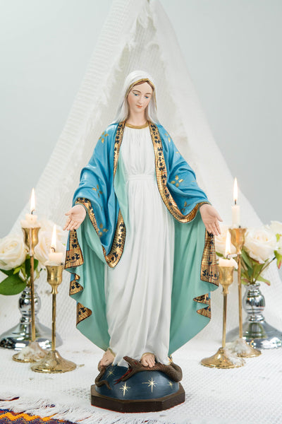 Hand-Painted Our Lady of Grace Statue 15.8" – Elegant Blue White Catholic Figurine, Mother Mary Decor, Catholic Gift's Mom,Home Altar Statue