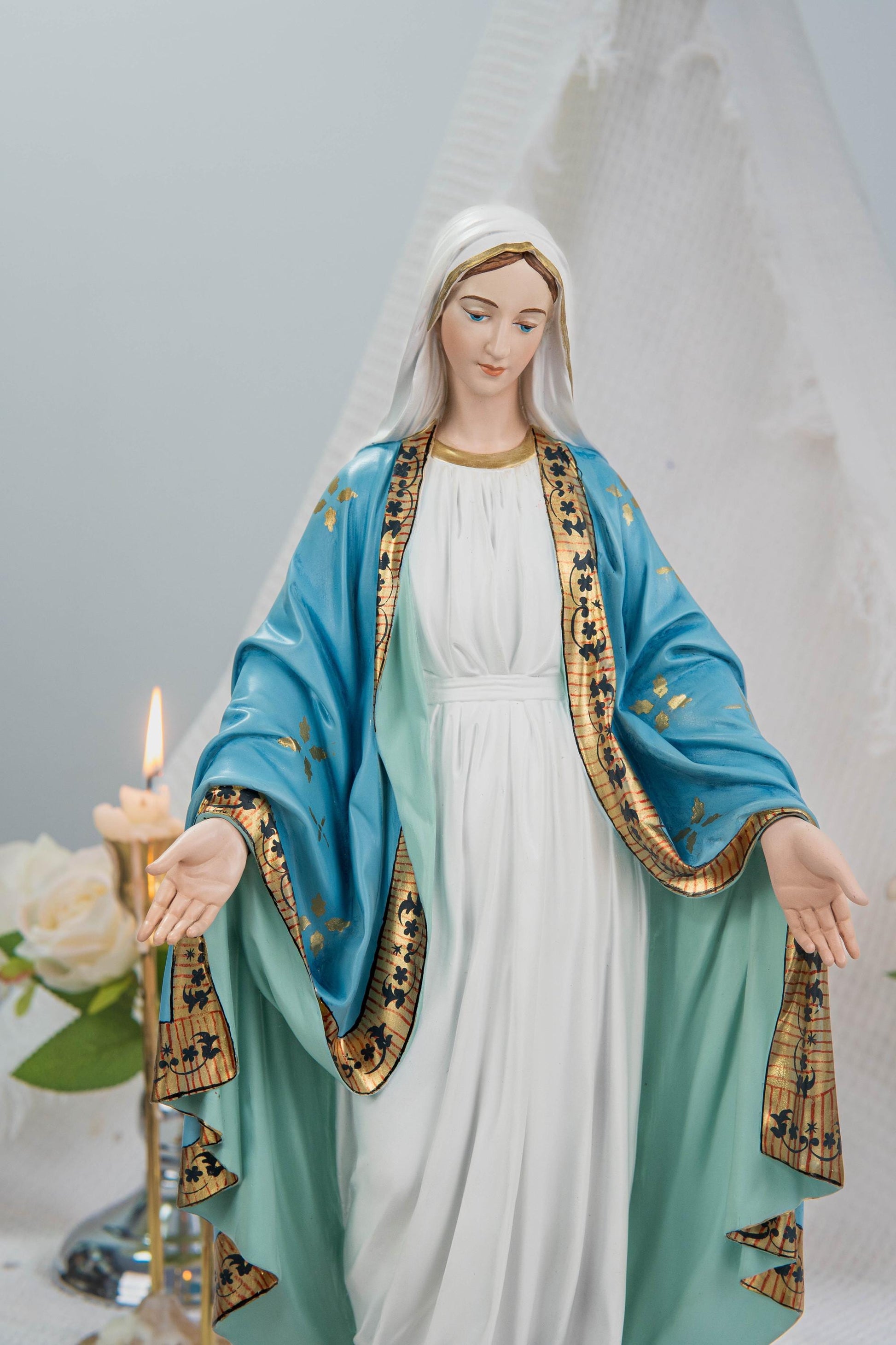 Hand-Painted Our Lady of Grace Statue 15.8" – Elegant Blue White Catholic Figurine, Mother Mary Decor, Catholic Gift's Mom,Home Altar Statue