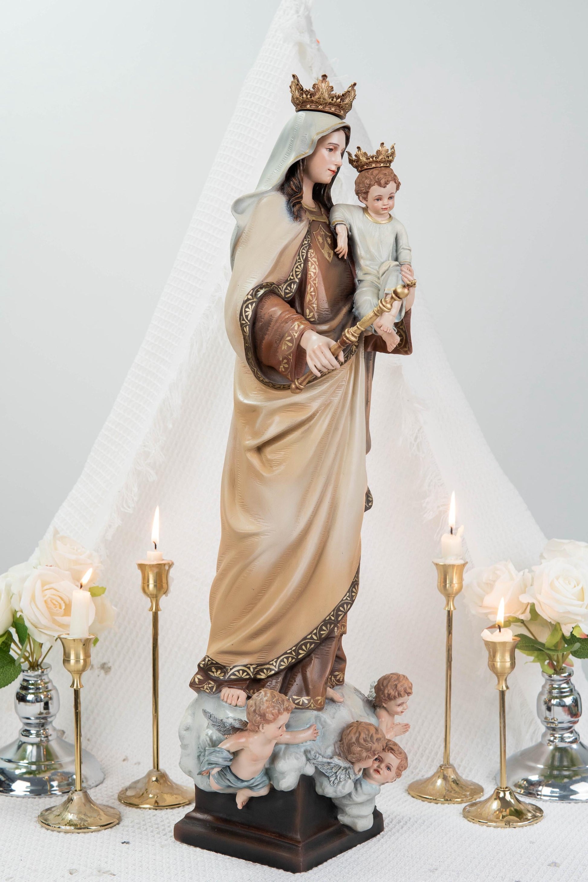 Hand-Painted Our Lady of Mount Carmel Statue with Child Jesus 23.6" –Crowned Virgin Mary Catholic Figurine, Catholic Gift & Home Altar Decor