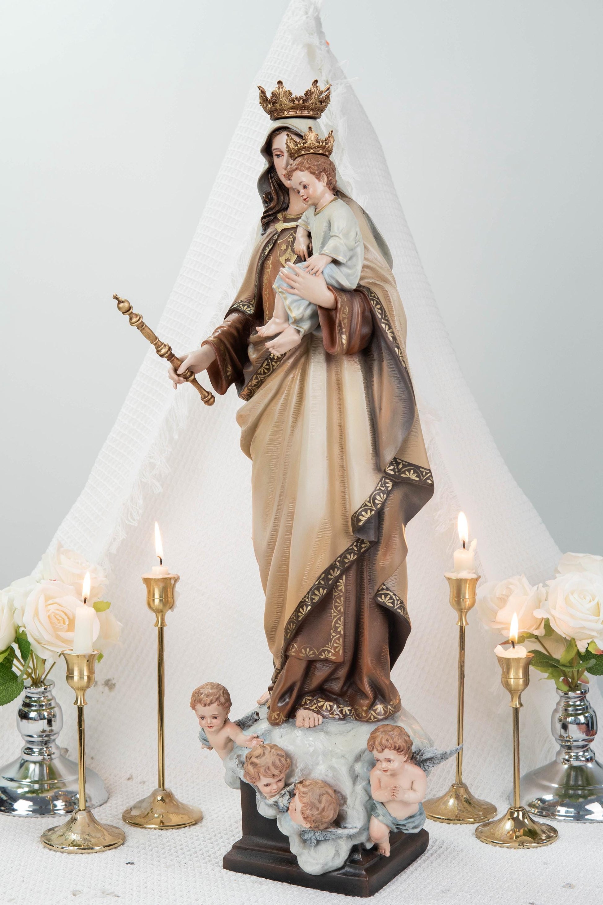 Hand-Painted Our Lady of Mount Carmel Statue with Child Jesus 23.6" –Crowned Virgin Mary Catholic Figurine, Catholic Gift & Home Altar Decor