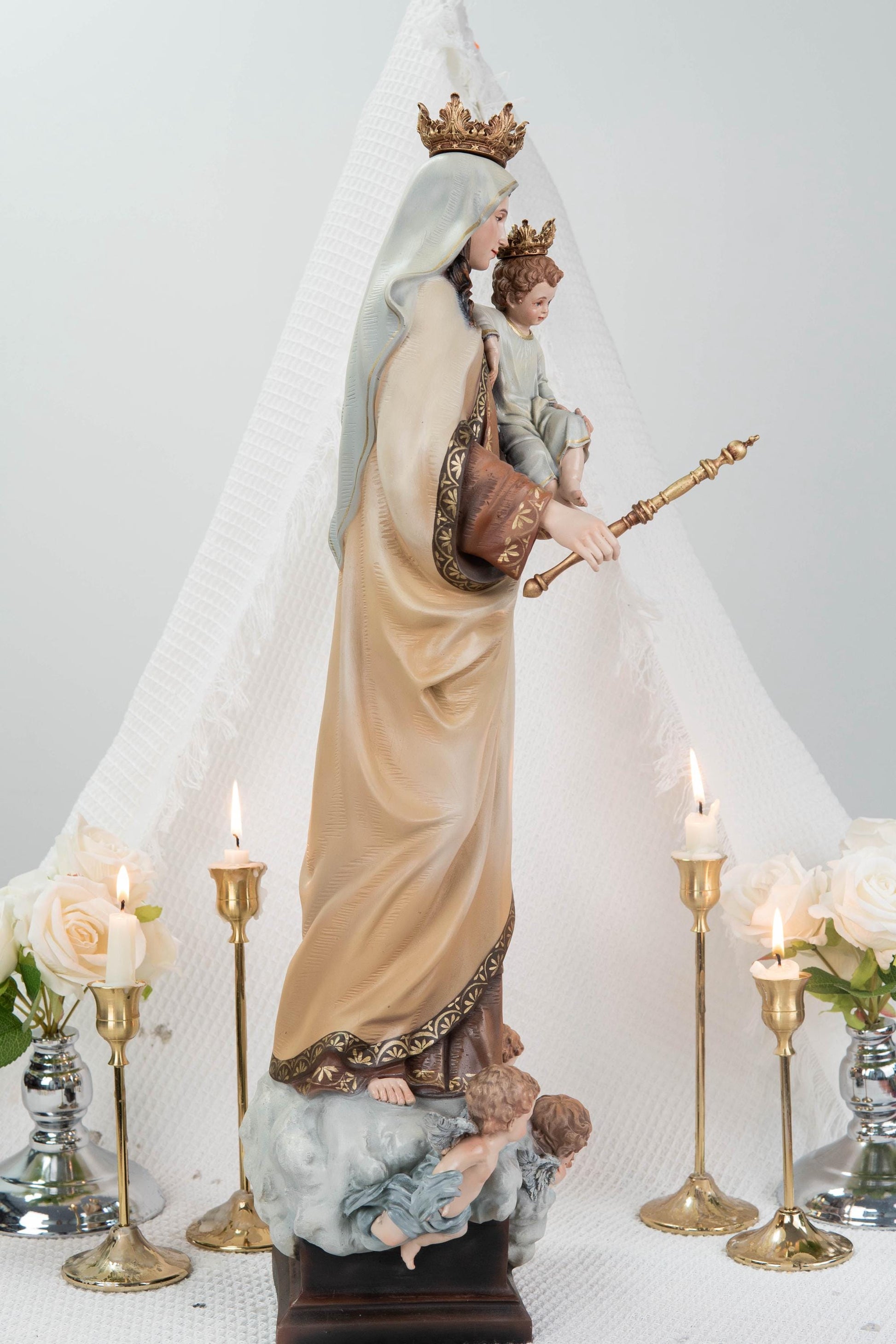 Hand-Painted Our Lady of Mount Carmel Statue with Child Jesus 23.6" –Crowned Virgin Mary Catholic Figurine, Catholic Gift & Home Altar Decor