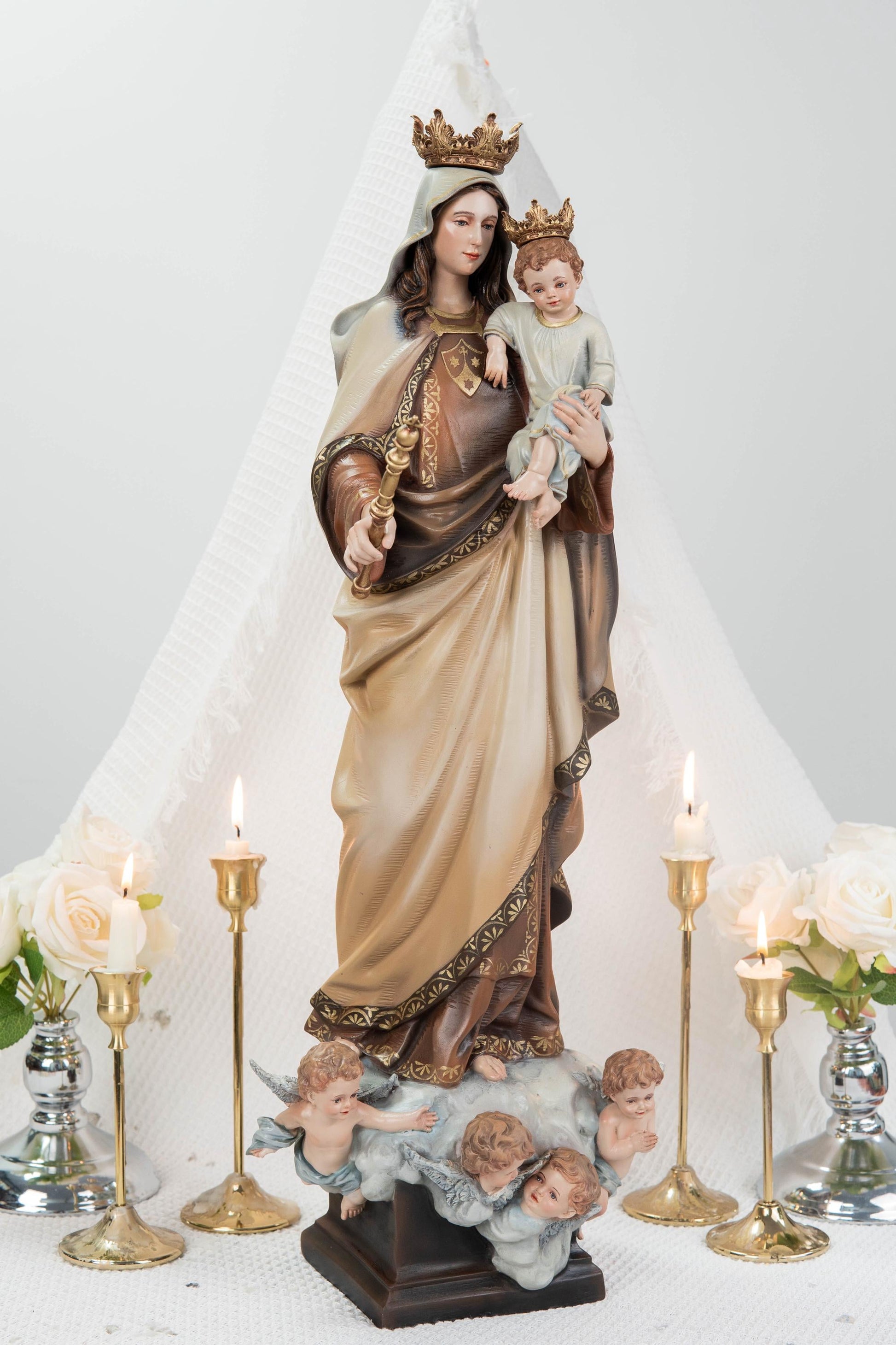 Hand-Painted Our Lady of Mount Carmel Statue with Child Jesus 23.6" –Crowned Virgin Mary Catholic Figurine, Catholic Gift & Home Altar Decor