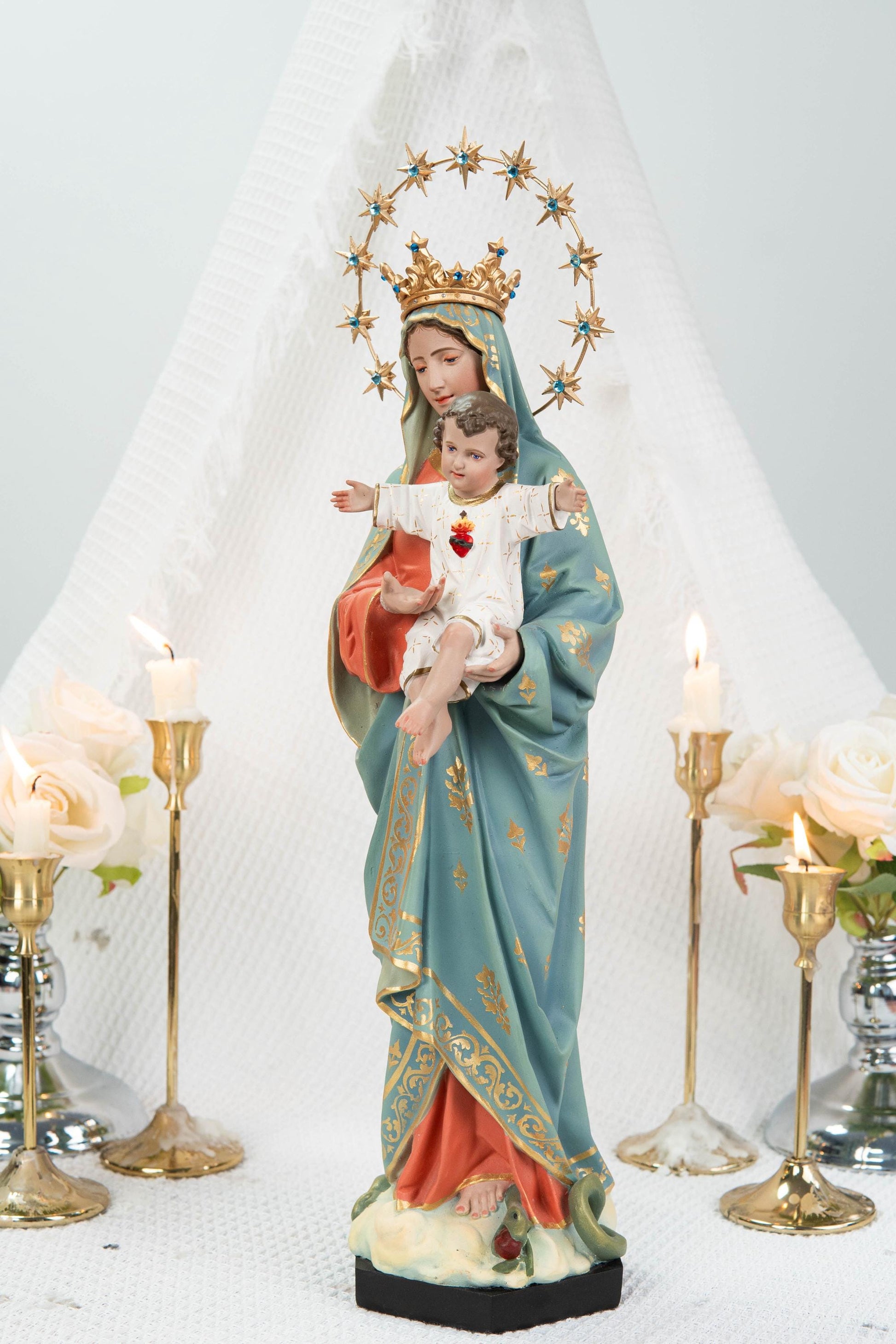 Hand-Painted Virgin Mary with Child Jesus Statue 15.8"–Madonna and Child Figurine, Catholic Home Decor, Catholic Gifts for Women,Mary Statue