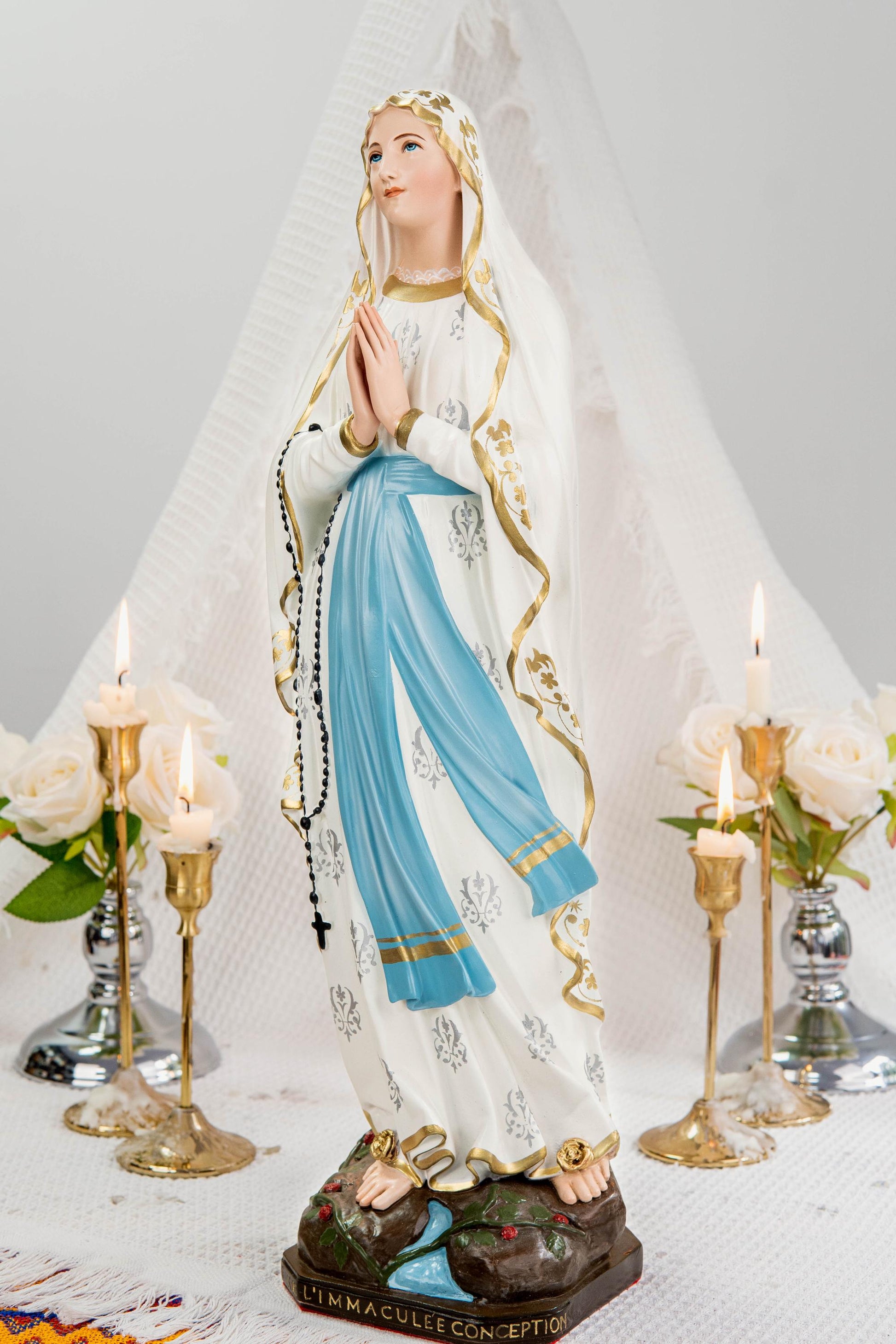 Hand-Painted Our Lady of Lourdes Statue 19.7" – Virgin Mary Statue, Catholic Statue, Marian Devotional Gift, Catholic Home Altar Decor