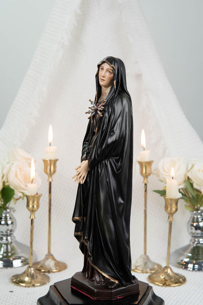 Premium Hand Painted Our Lady of Sorrows Statue with Black Cloak– Mater Dolorosa Figurine with Seven Swords, Virgin Mary Catholic Statue