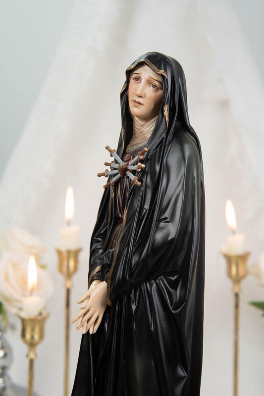 Premium Hand Painted Our Lady of Sorrows Statue with Black Cloak– Mater Dolorosa Figurine with Seven Swords, Virgin Mary Catholic Statue