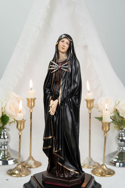 Premium Hand Painted Our Lady of Sorrows Statue with Black Cloak– Mater Dolorosa Figurine with Seven Swords, Virgin Mary Catholic Statue