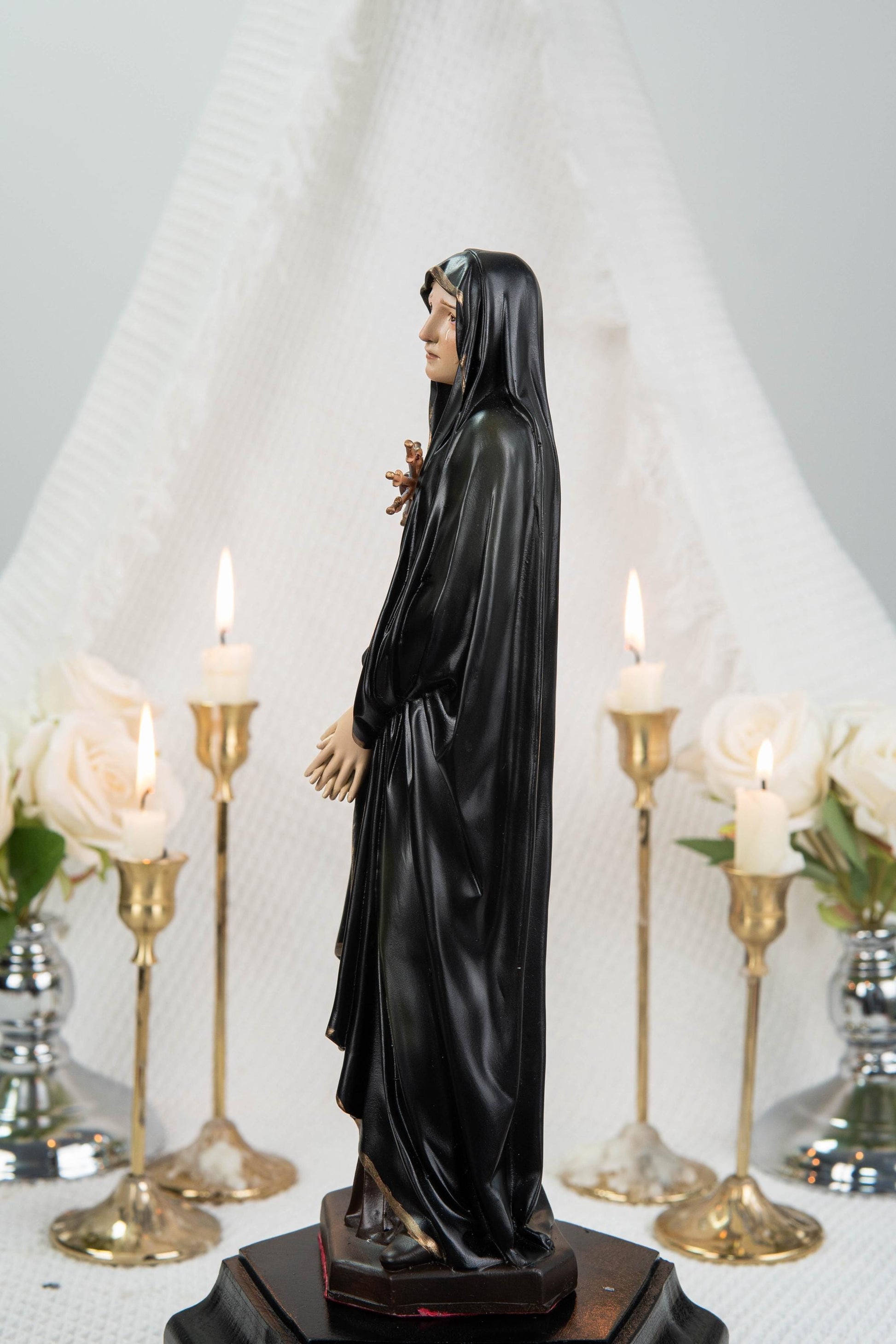 Premium Hand Painted Our Lady of Sorrows Statue with Black Cloak– Mater Dolorosa Figurine with Seven Swords, Virgin Mary Catholic Statue