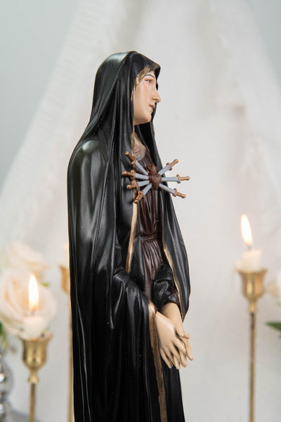 Premium Hand Painted Our Lady of Sorrows Statue with Black Cloak– Mater Dolorosa Figurine with Seven Swords, Virgin Mary Catholic Statue