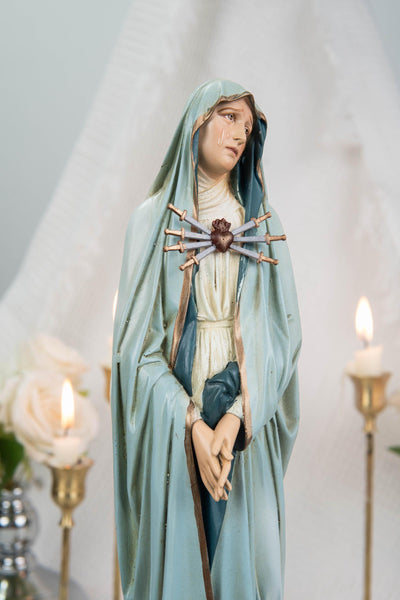 Premium Hand Painted Our Lady of Sorrows Statue with Light Blue Cloak – Catholic Statue for Home Altar, Mater Dolorosa Virgin Mary Figurine
