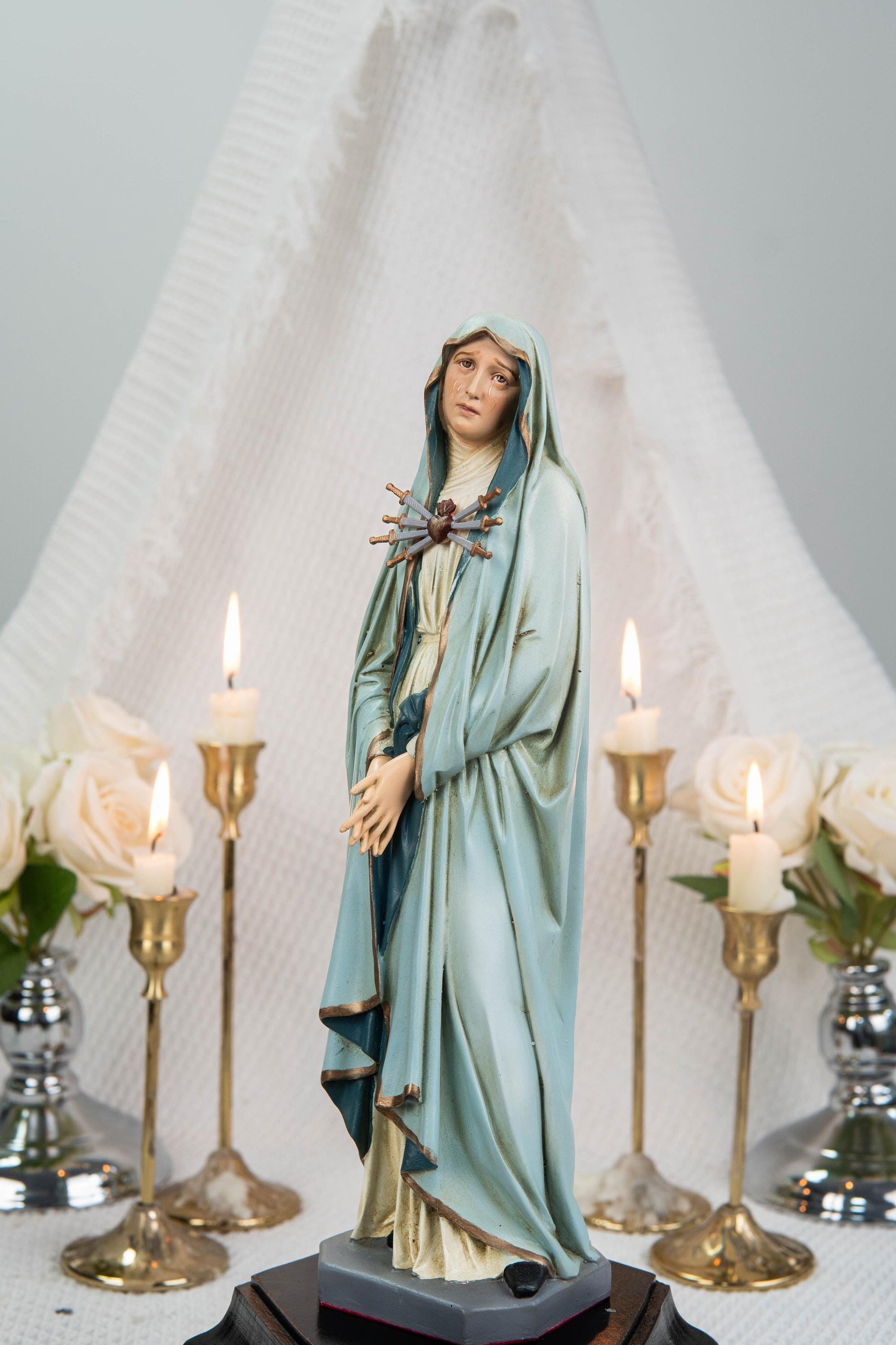 Premium Hand Painted Our Lady of Sorrows Statue with Light Blue Cloak – Catholic Statue for Home Altar, Mater Dolorosa Virgin Mary Figurine