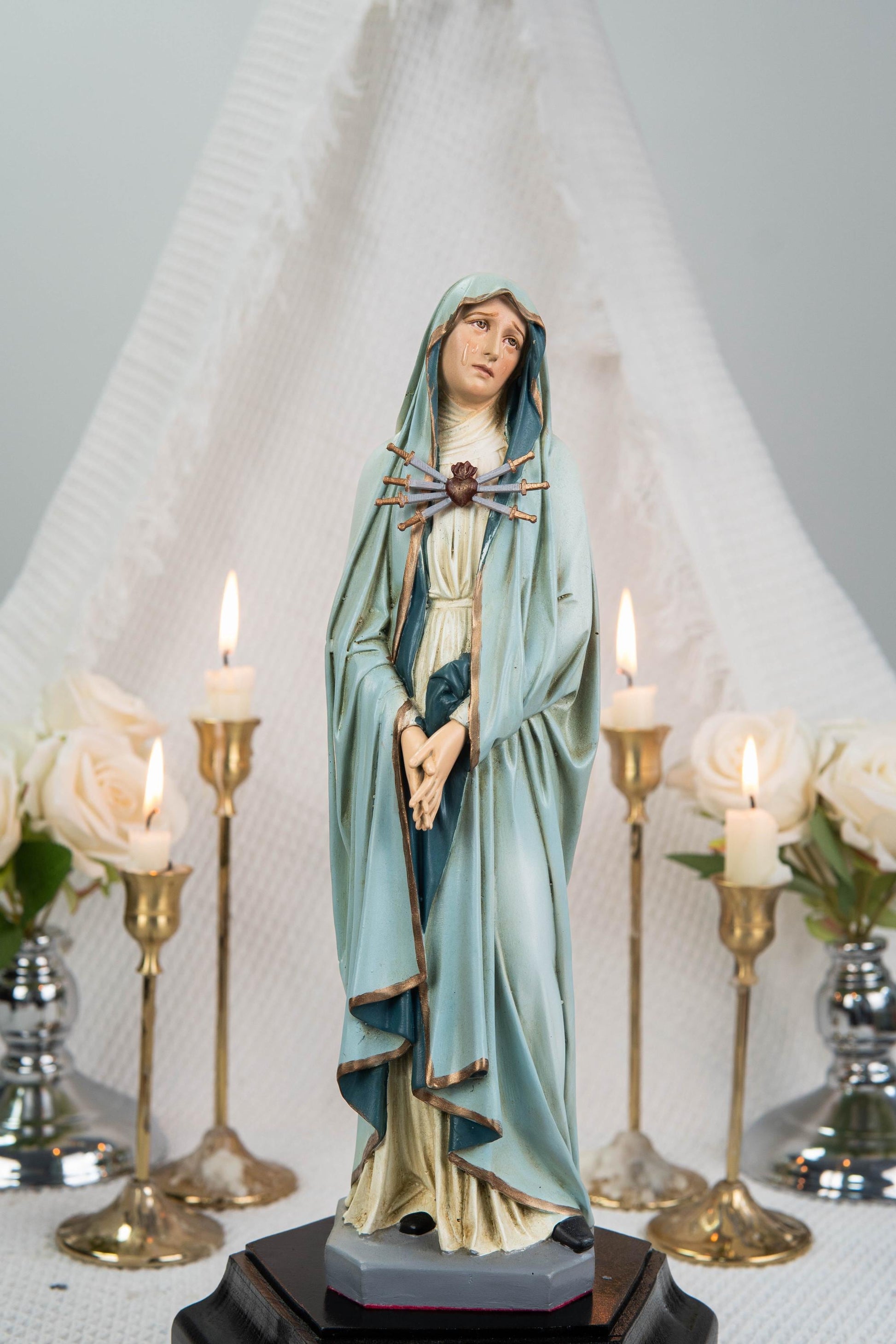 Premium Hand Painted Our Lady of Sorrows Statue with Light Blue Cloak – Catholic Statue for Home Altar, Mater Dolorosa Virgin Mary Figurine