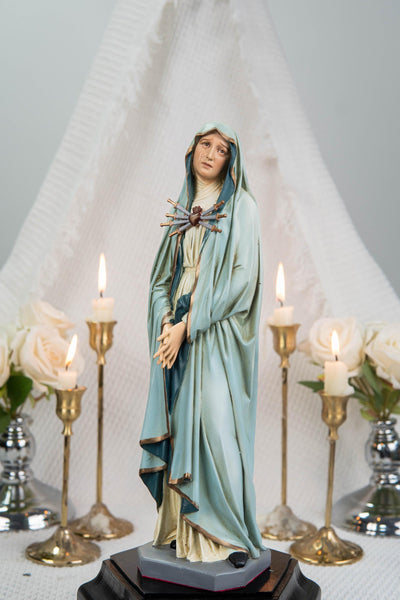 Premium Hand Painted Our Lady of Sorrows Statue with Light Blue Cloak – Catholic Statue for Home Altar, Mater Dolorosa Virgin Mary Figurine
