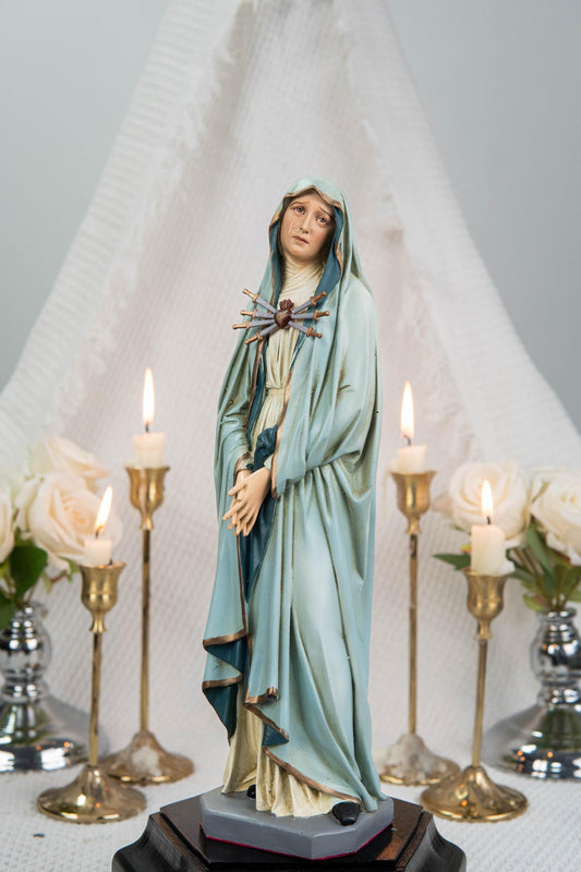 Premium Hand Painted Our Lady of Sorrows Statue with Light Blue Cloak – Catholic Statue for Home Altar, Mater Dolorosa Virgin Mary Figurine