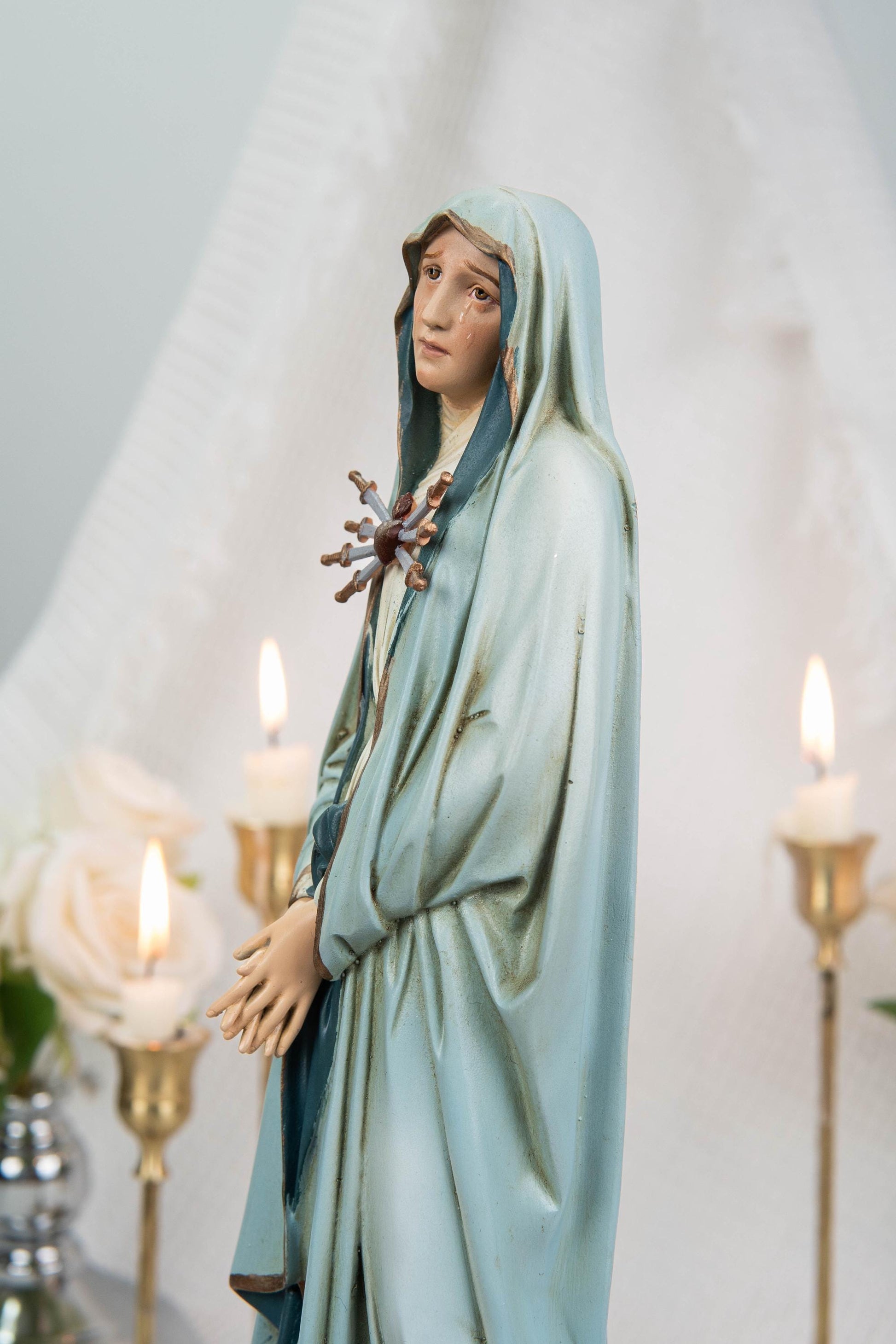 Premium Hand-Painted Catholic Statue Set: Mater Dolorosa with Seven Swords & Saint John Statue, Catholic Gifts Home Altar Decor