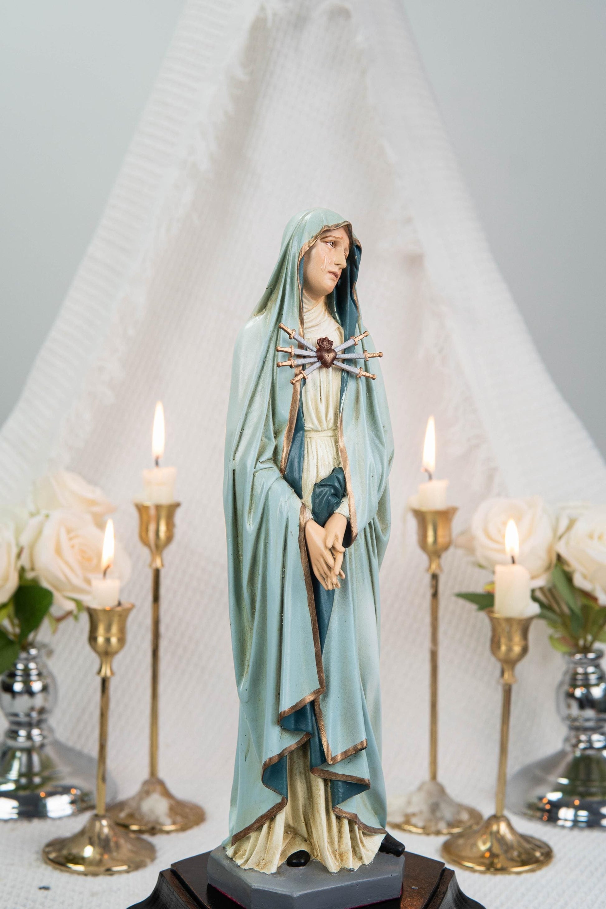 Premium Hand-Painted Catholic Statue Set: Mater Dolorosa with Seven Swords & Saint John Statue, Catholic Gifts Home Altar Decor