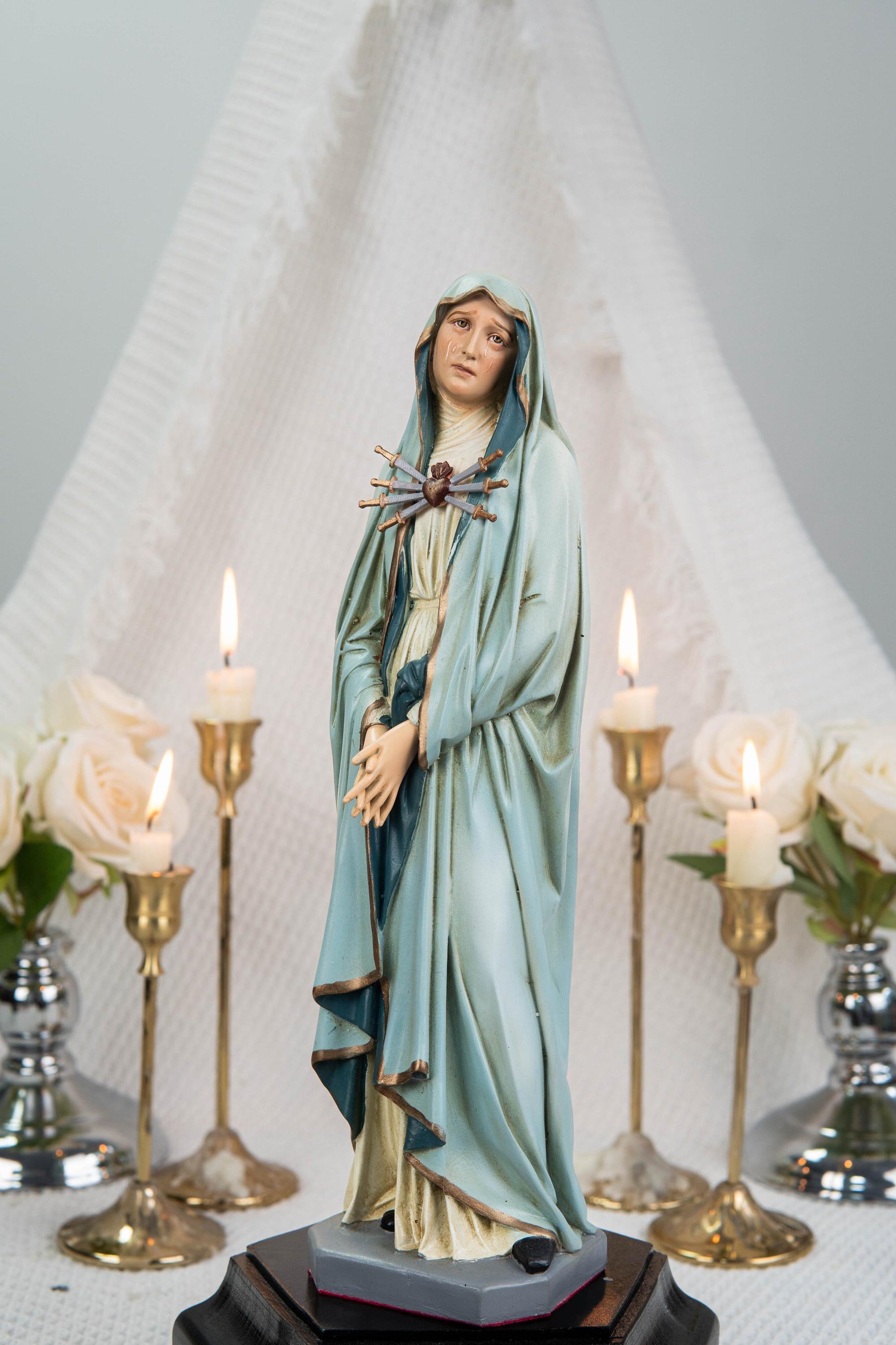 Premium Hand-Painted Catholic Statue Set: Mater Dolorosa with Seven Swords & Saint John Statue, Catholic Gifts Home Altar Decor